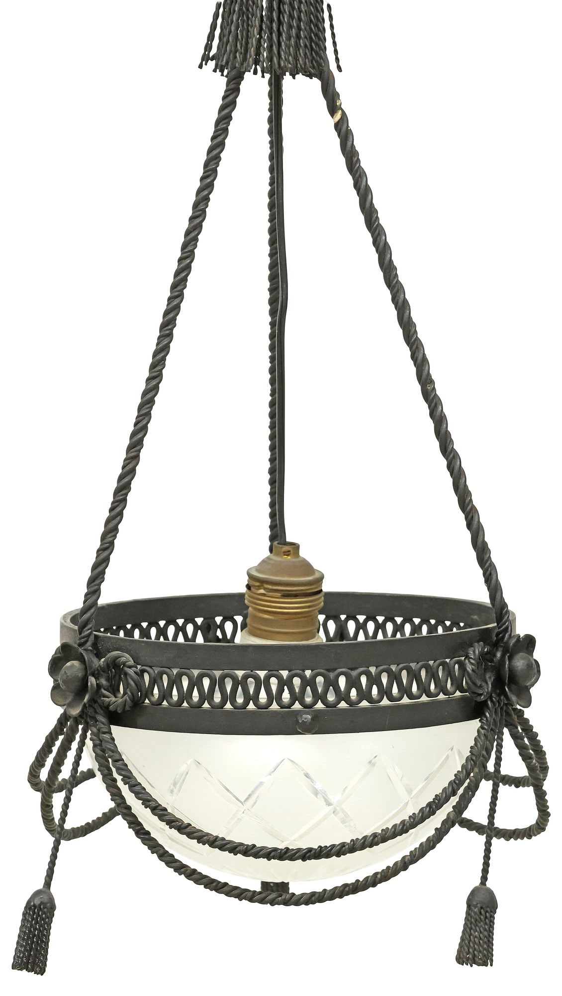 ITALIAN TASSELED WROUGHT IRON & CRYSTAL 1-LIGHT CHANDELIER (1 of 5)