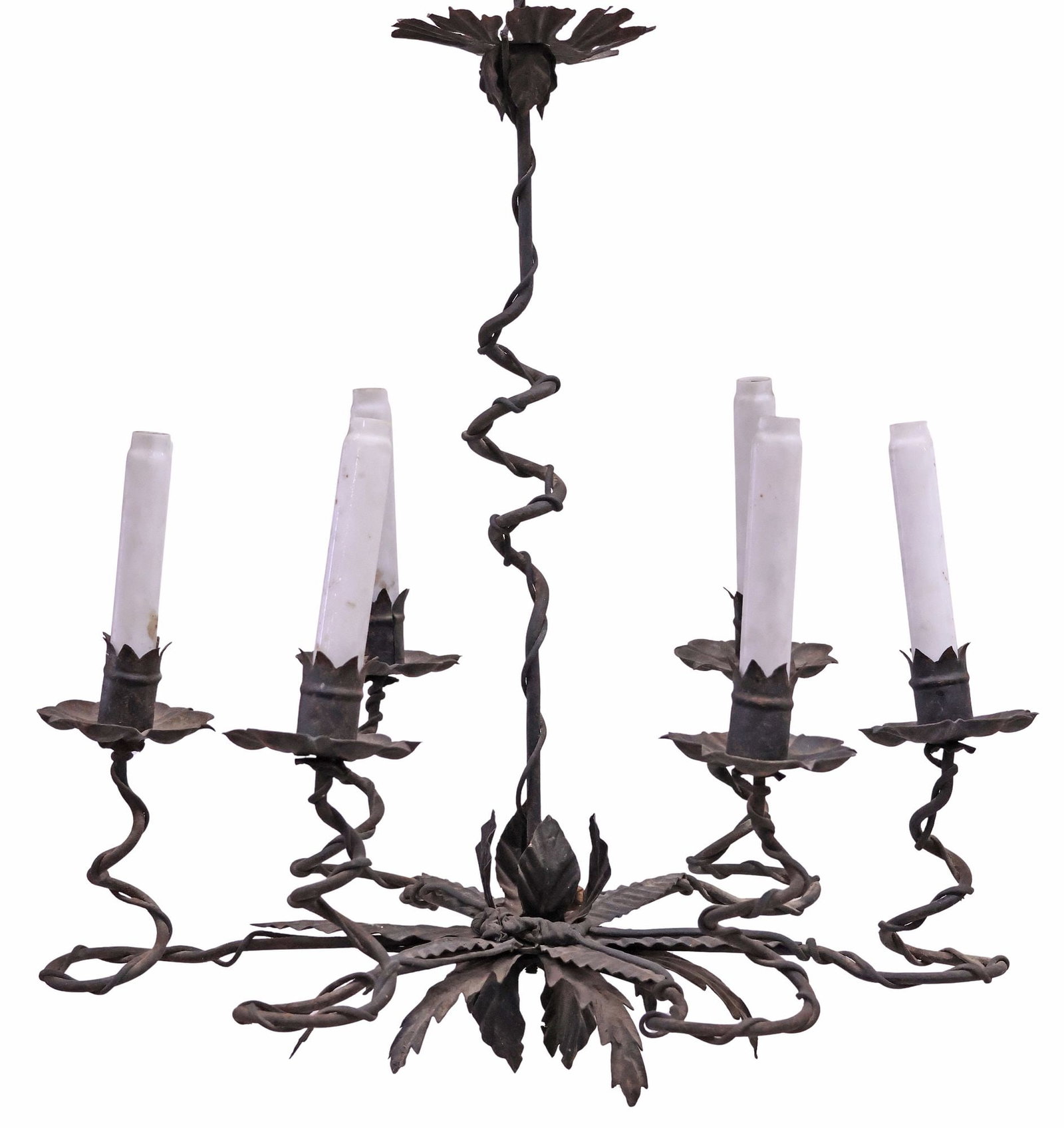 ITALIAN WROUGHT IRON FOLIATED 6-LIGHT CHANDELIER: Italian wrought iron six-light chandelier, 20th c., having spiraled central standard, ending at six-pint foliate motif, issuing six scrolled arms, ending at floriform bobeche and faux candlestick, in 