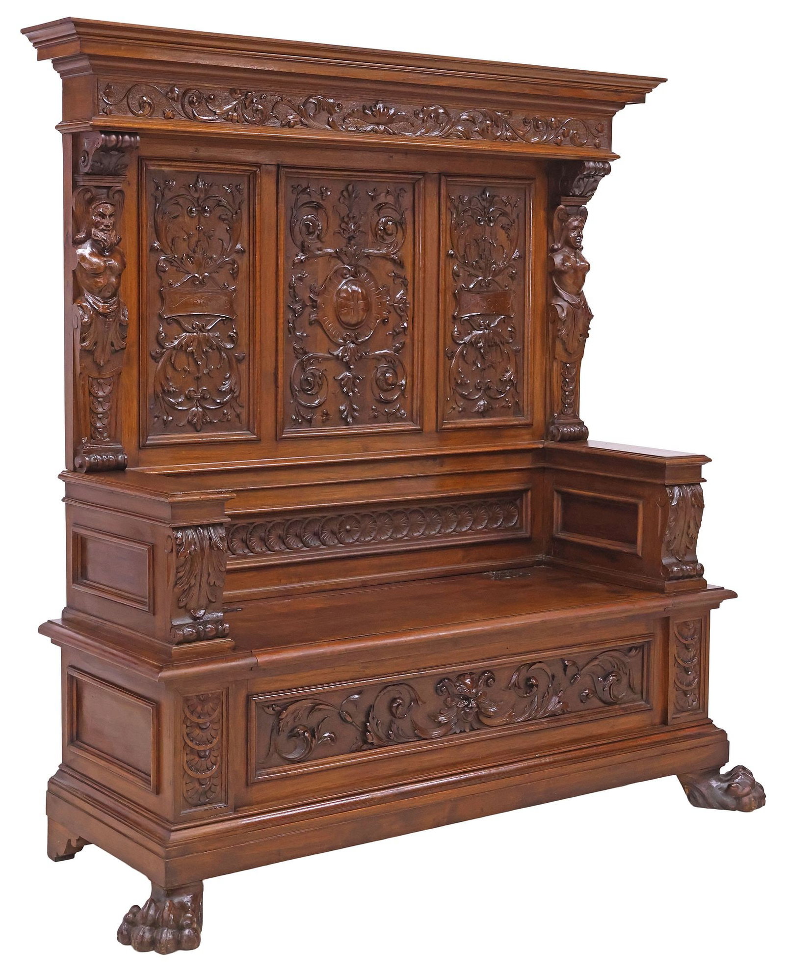 ITALIAN RENAISSANCE REVIVAL CARVED WALNUT HALL BENCH (1 of 9)