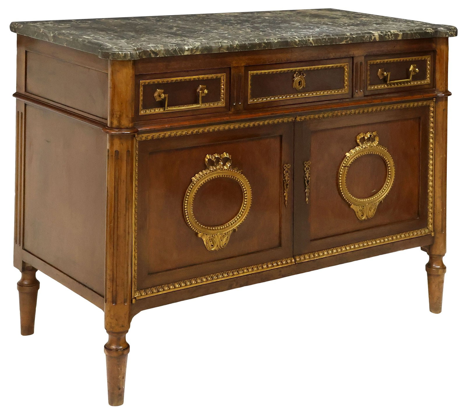 FRENCH LOUIS XVI STYLE MARBLE-TOP MAHOGANY SERVER: French Louis XVI style mahogany buffet/ server, early 20th c., having shaped marble top, above three drawers, and dual cabinet doors enclosing open storage, mounted with foliated gilt-metal trim and b
