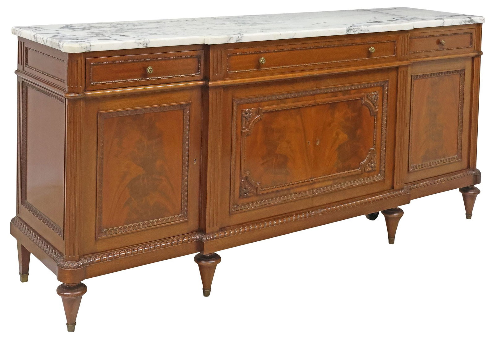 FRENCH LOUIS XVI STYLE MARBLE-TOP MAHOGANY BREAKFRONT SIDEBOARD (1 of 6)
