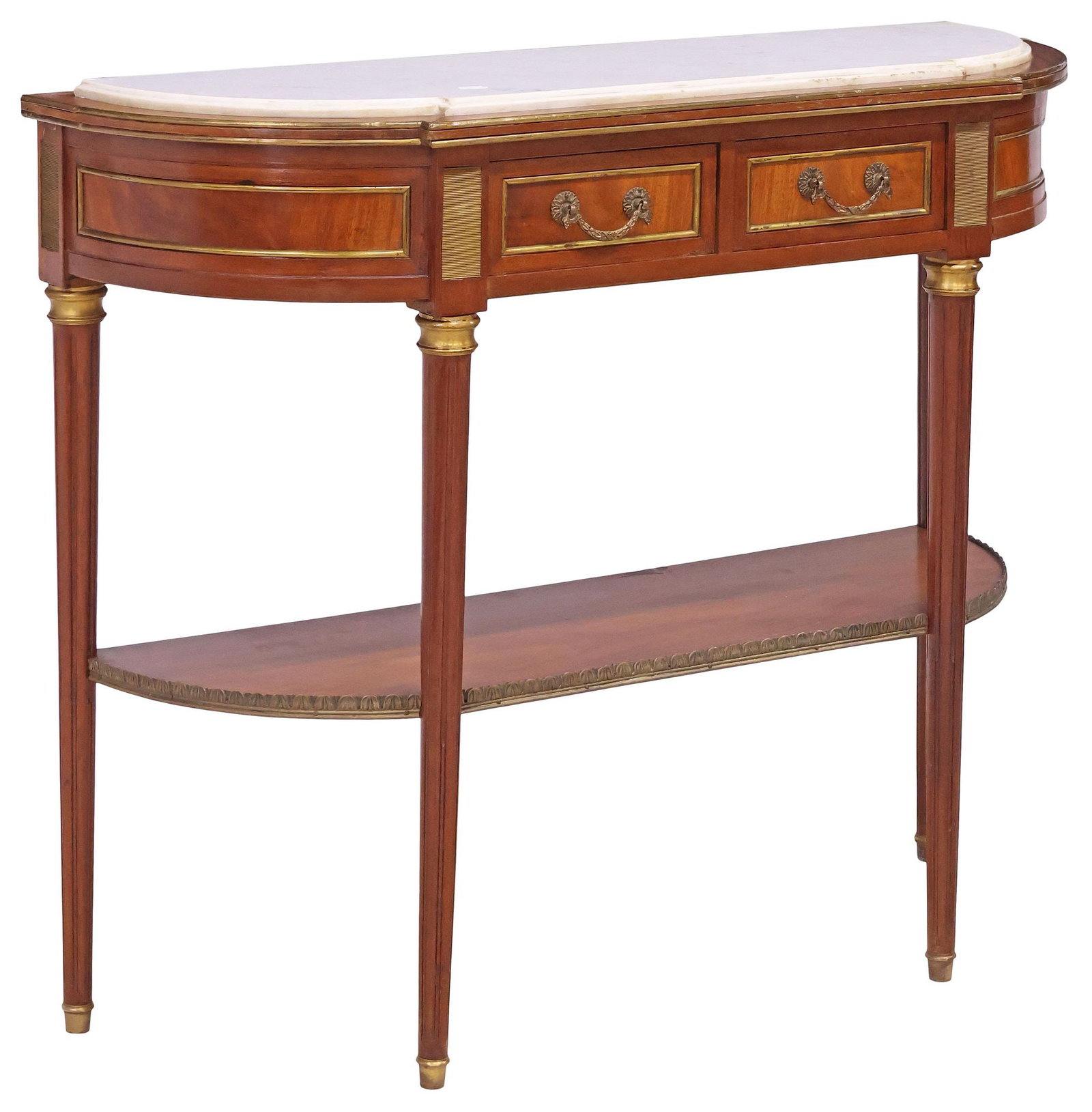 FRENCH LOUIS XVI MARBLE-TOP MAHOGONY DEMILUNE CONSOLE TABLE (1 of 5)
