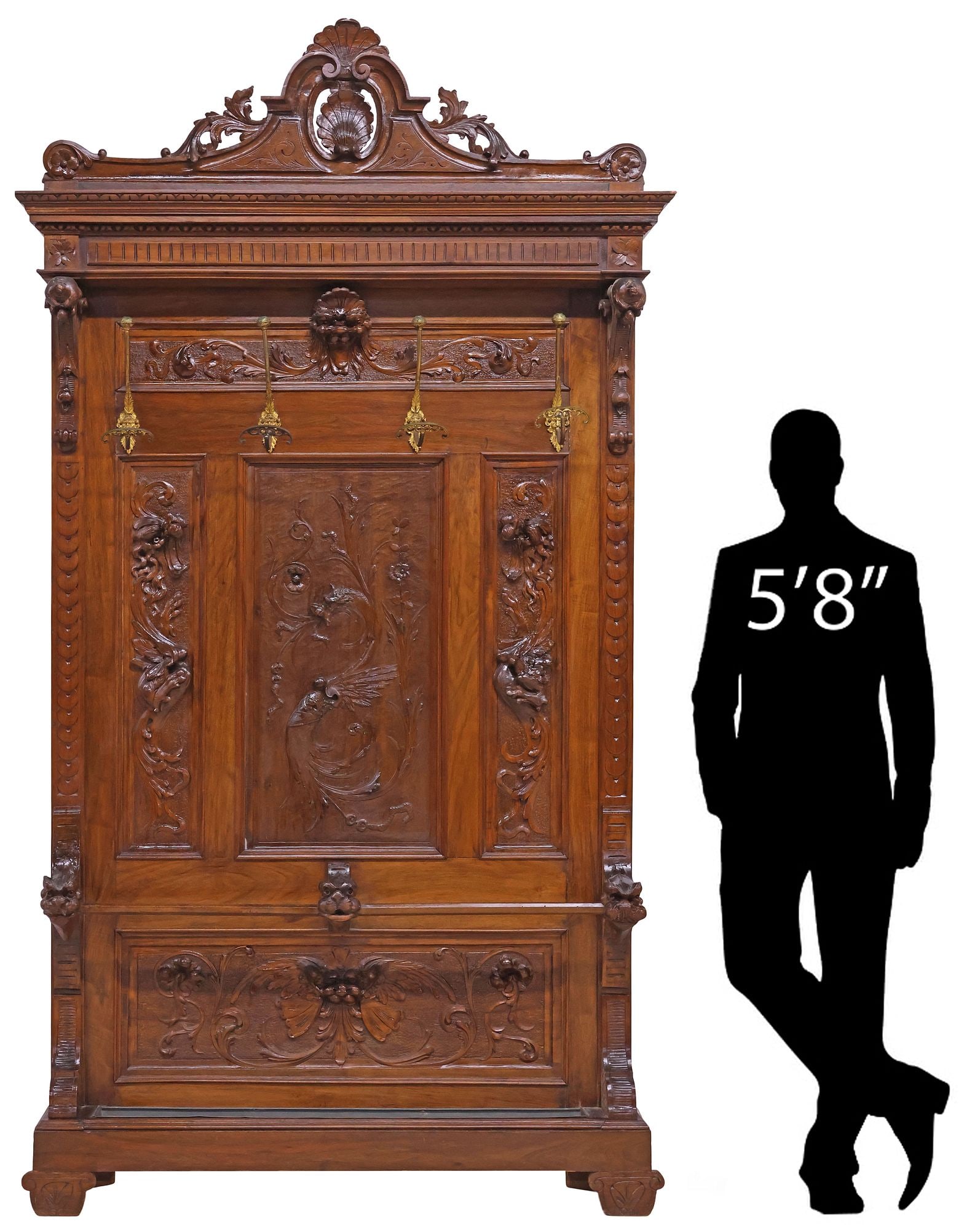 ITALIAN RENAISSANCE REVIVAL CARVED WALNUT HALL TREE, 104.5"H (1 of 8)