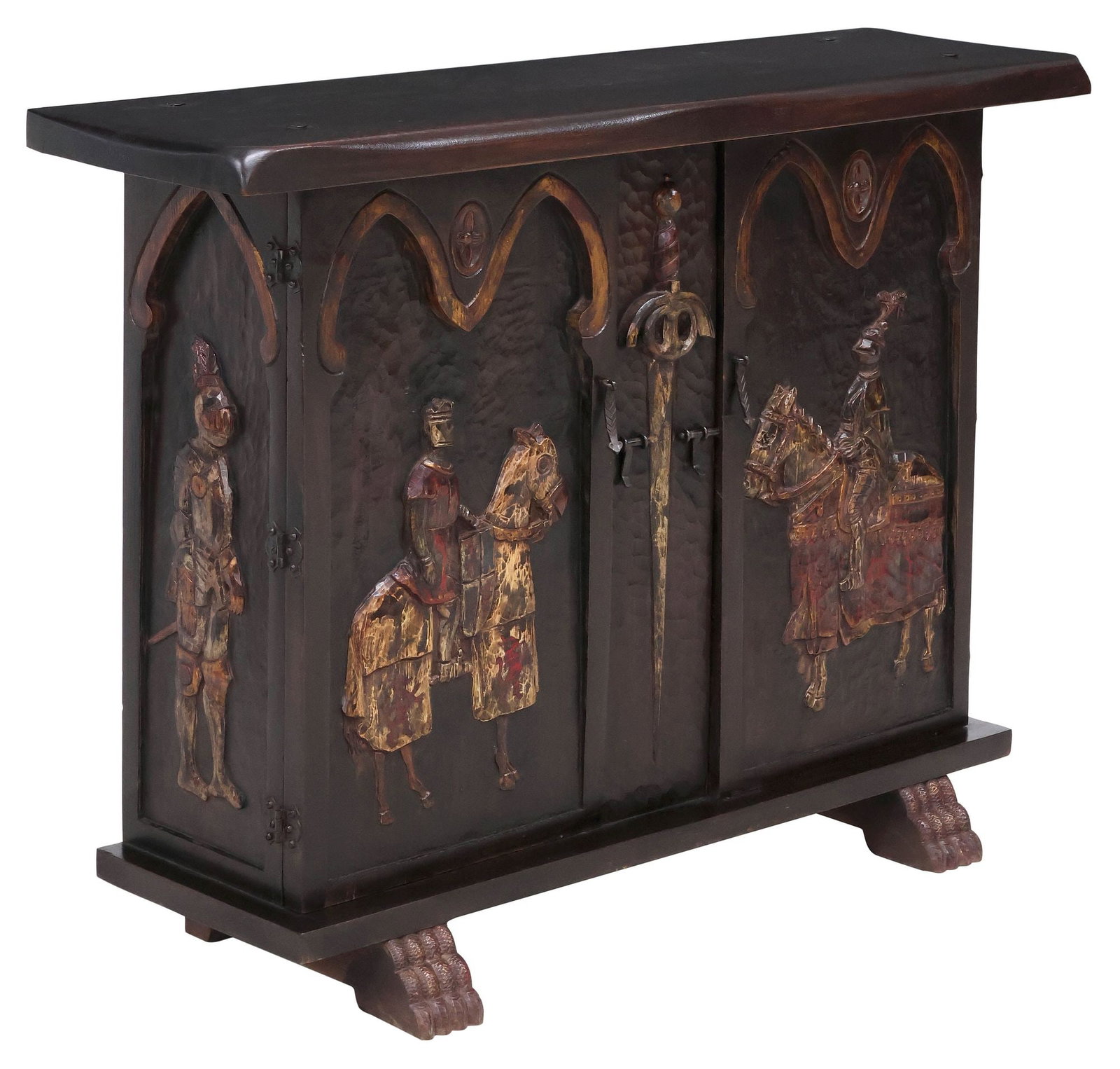 CONTINENTAL MEDIEVAL-STYLE CARVED & PAINTED KNIGHTS SIDE CABINET (1 of 8)