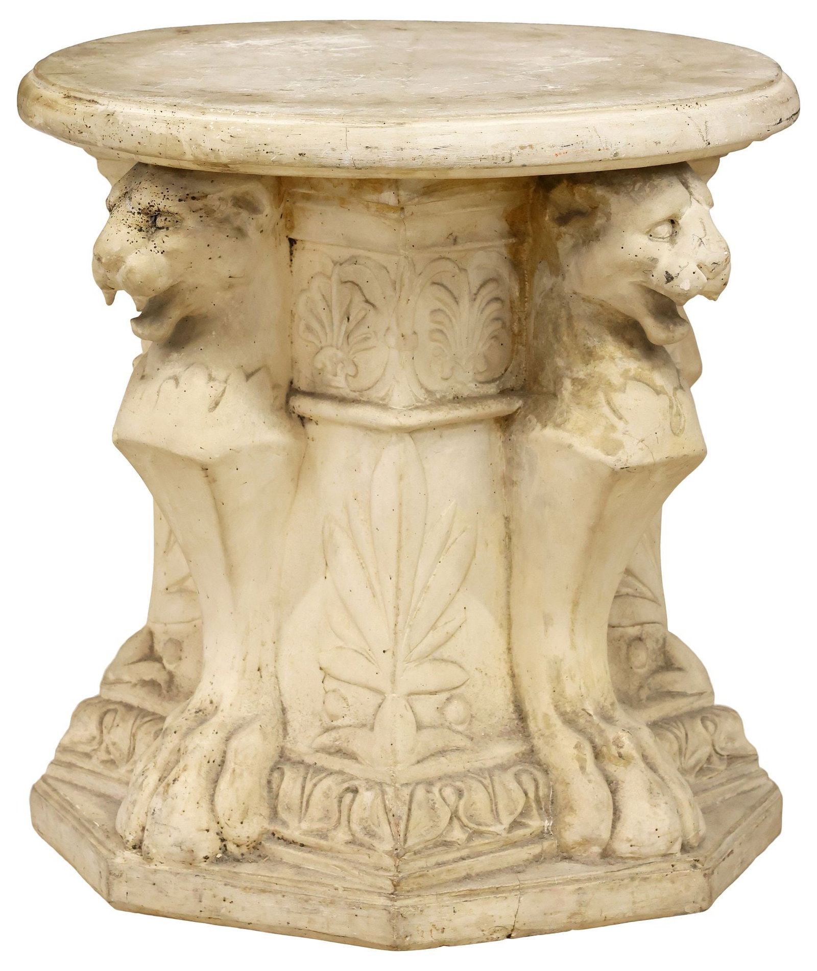ITALIAN FLORENTINE RENAISSANCE-STYLE CAST EARTHENWARE PEDESTAL BASE: Italian Florentine cast earthenware plinth/ pedestal base, having circular top, over waisted standard with raised lion masks and paw feet, rising on octagonal platform, stamped maker's mark at top, ap
