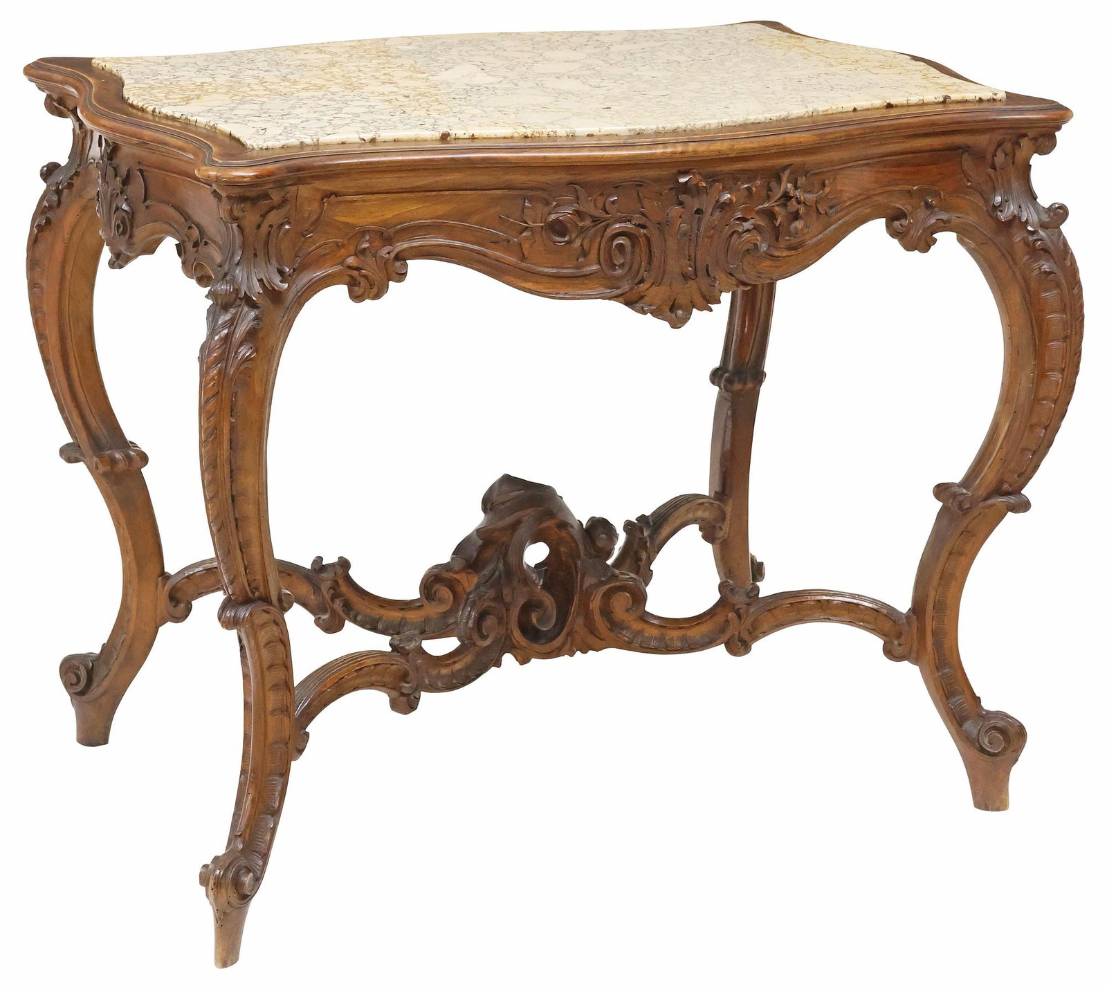 FRENCH LOUIS XV STYLE MARBLE-TOP CARVED WALNUT SIDE TABLE (1 of 6)