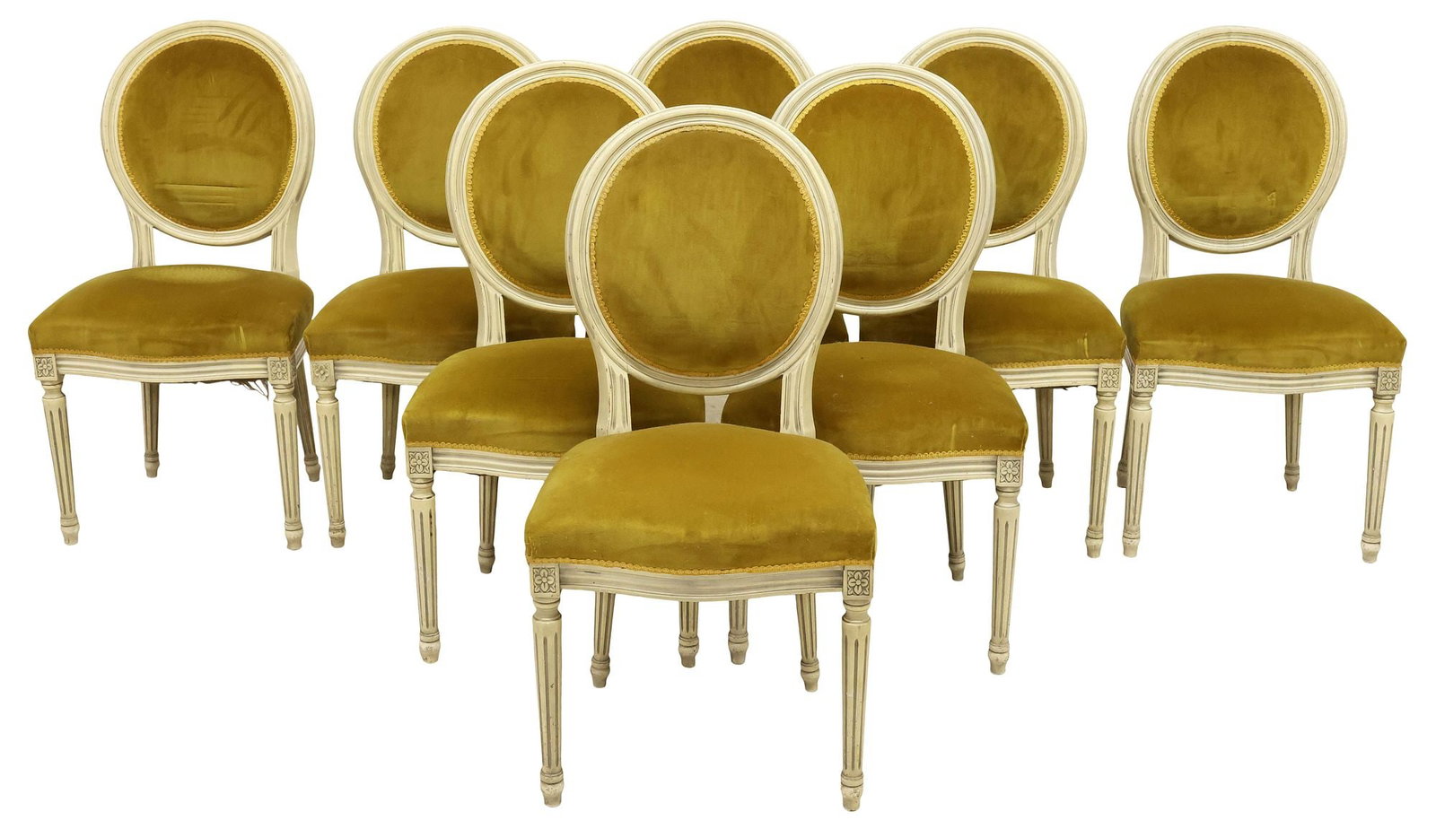 (8) FRENCH LOUIS XVI STYLE MUSTARD-UPHOLSTERED DINING CHAIRS: (lot of 8) French Louis XVI style white-painted side chairs, early 20th c., each having oval medallion back and padded seat in mustard upholstery, with ribbon trim, rising on tapering fluted legs, end