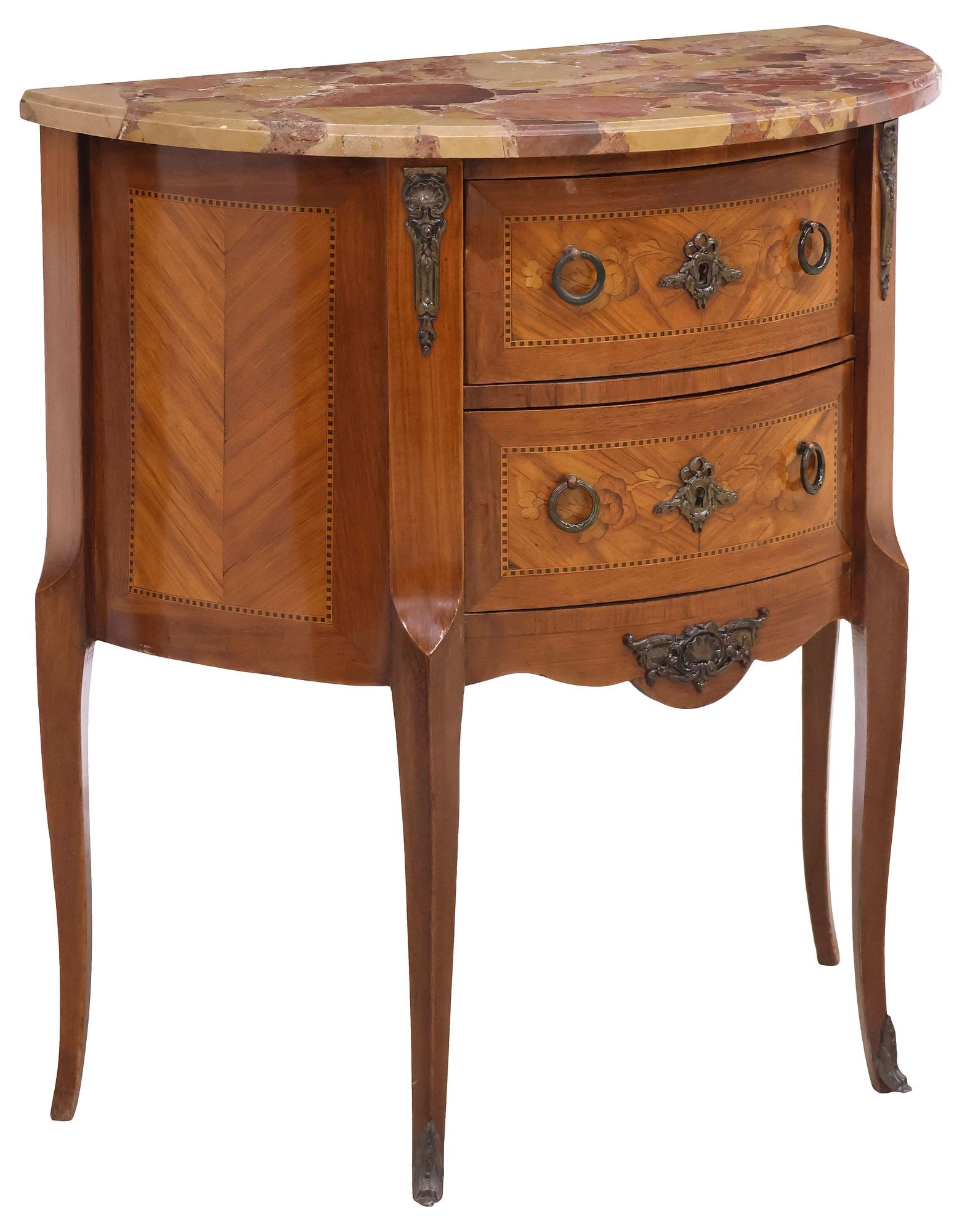 FRENCH LOUIS XV STYLE MARBLE-TOP MARQUETRY DEMILUNE COMMODE (1 of 5)