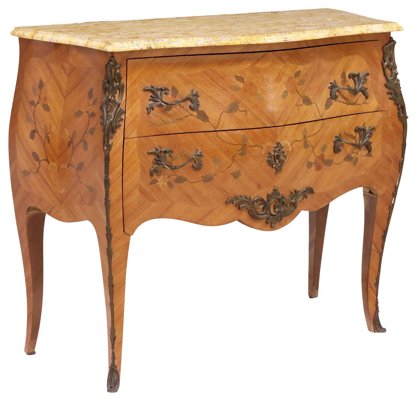 FRENCH LOUIS XV STYLE MARBLE-TOP MARQUETRY BOMBE COMMODE (1 of 5)