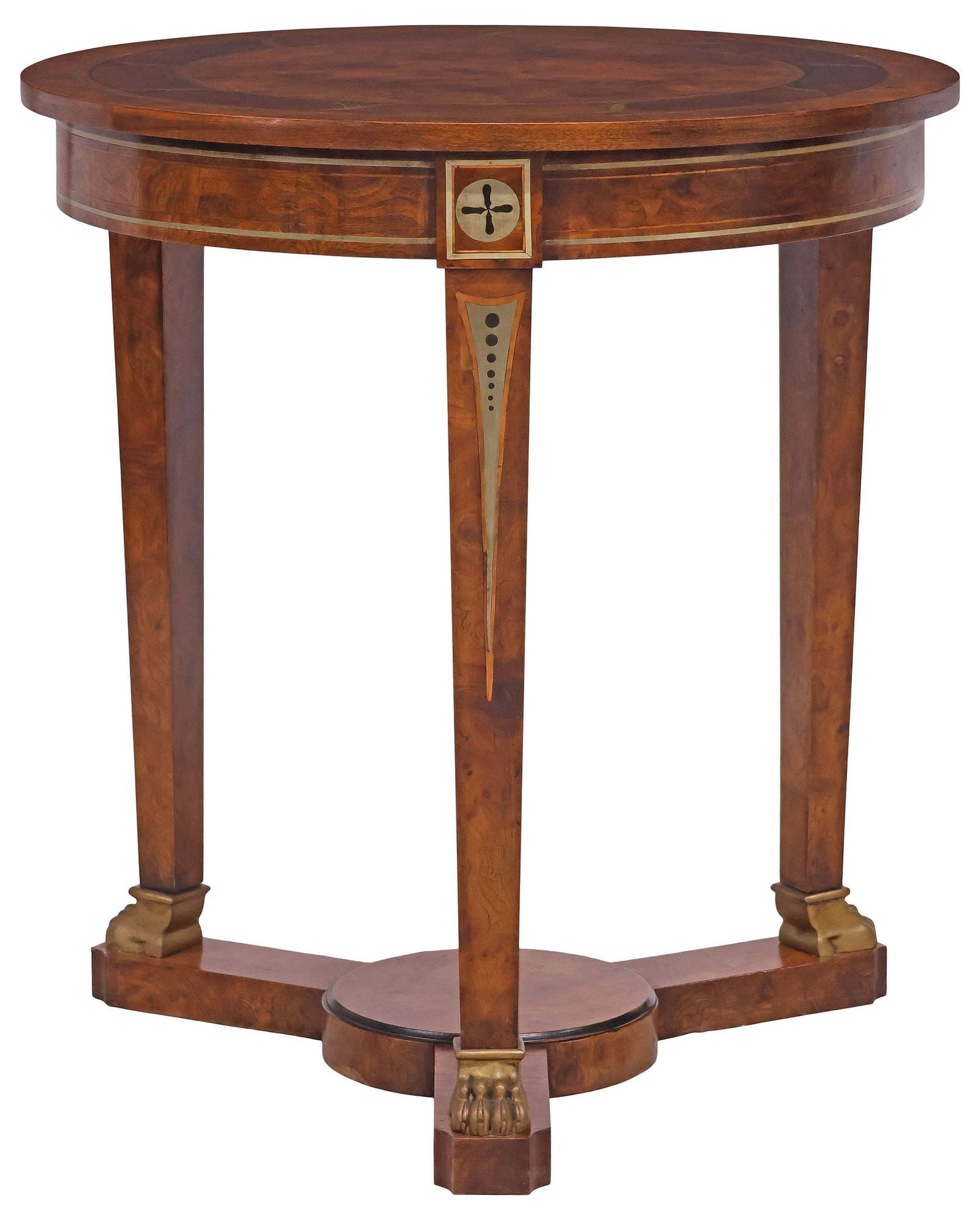 FRENCH EMPIRE STYLE BRASS INLAID BURLWOOD SIDE TABLE / GUERIDON: French Empire style burlwood pedestal table/ gueridon, early 20th c., circular top with cut-brass inlay, rising on tapering square supports, ending on tripartite platform and gilt paw feet, approx 29.