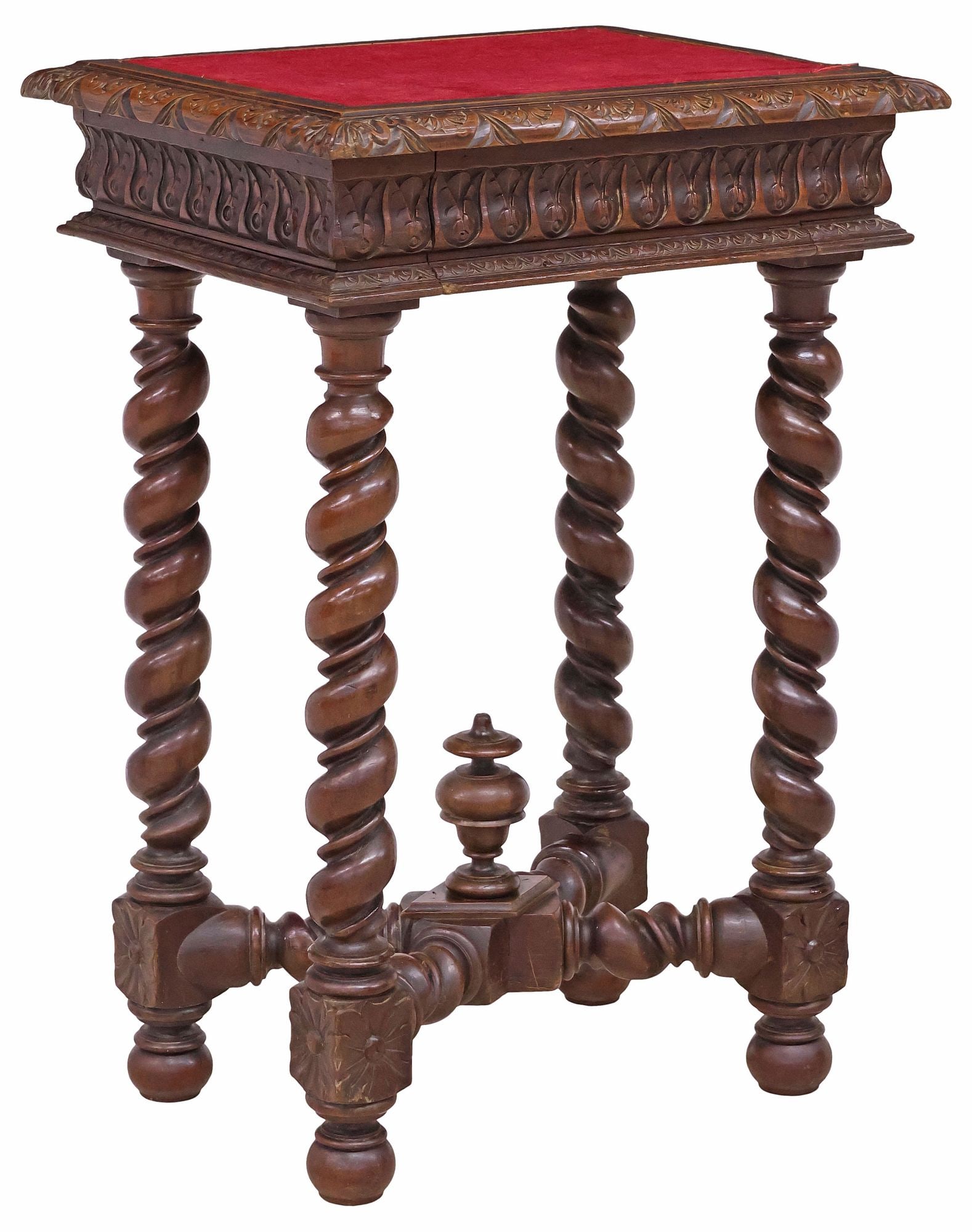 FRENCH HENRI II STYLE FABRIC-INSET & CARVED WALNUT SIDE TABLE: French Henri II style walnut side table, late 19th c., rectangular top with inset fabric surface, over foliate-carved apron fitted with single drawer, rising on stretcher-joined spiral twist supports