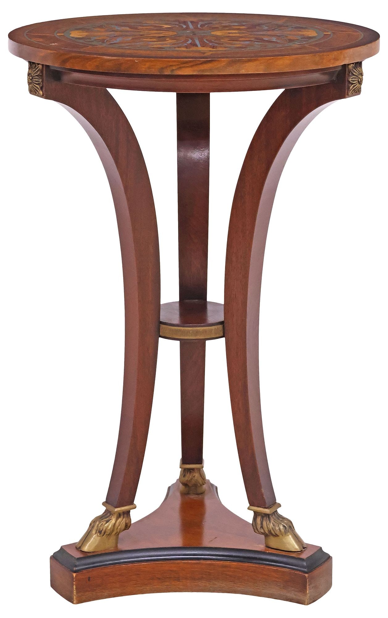 ITALIAN BAGGIO ART NOUVEAU STYLE CUT-BRASS MARQUETRY-INLAID SIDE TABLE: Italian Art Nouveau/ Stile Liberty style cut-brass inlaid side table/ gueridon, Guiseppe Baggio, 20th c., circular top with stylized foliate marquetry motifs, on tripartite platform with gilt cloven