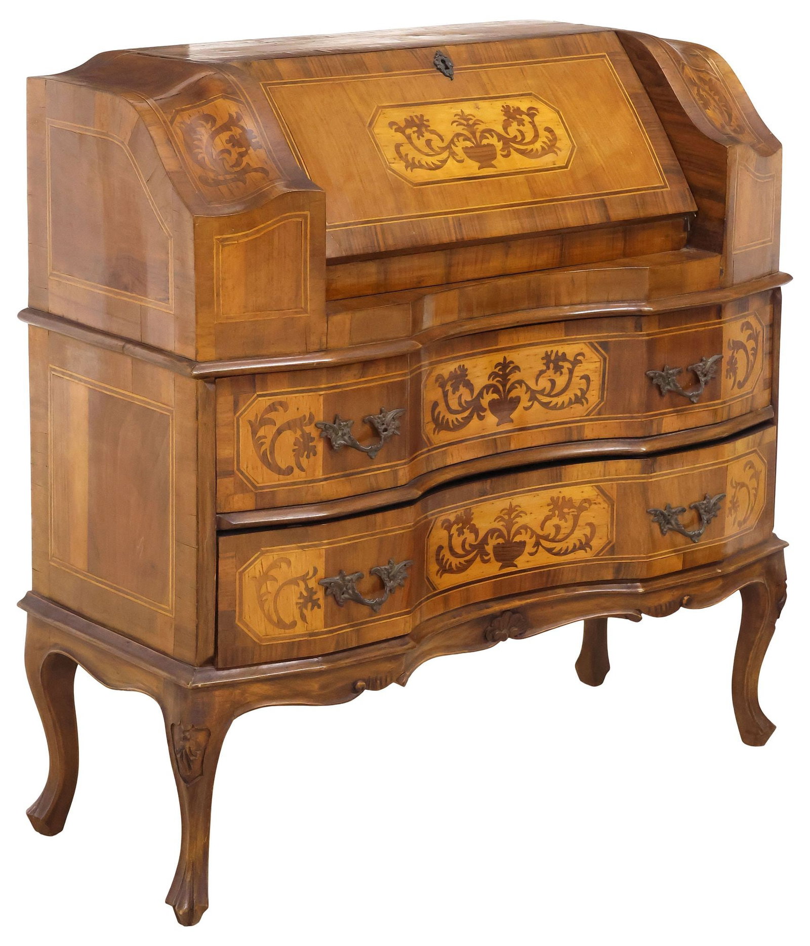 VENETIAN LOUIS XV STYLE MARQUETRY & WALNUT FALL-FRONT SECRETARY DESK: Italian Venetian Louis XV style figured walnut secretary, 20th c., inlaid throughout with scrolling foliate and urn motif marquetry, and banded trim, slanted fall-front revealing fitted gallery,
