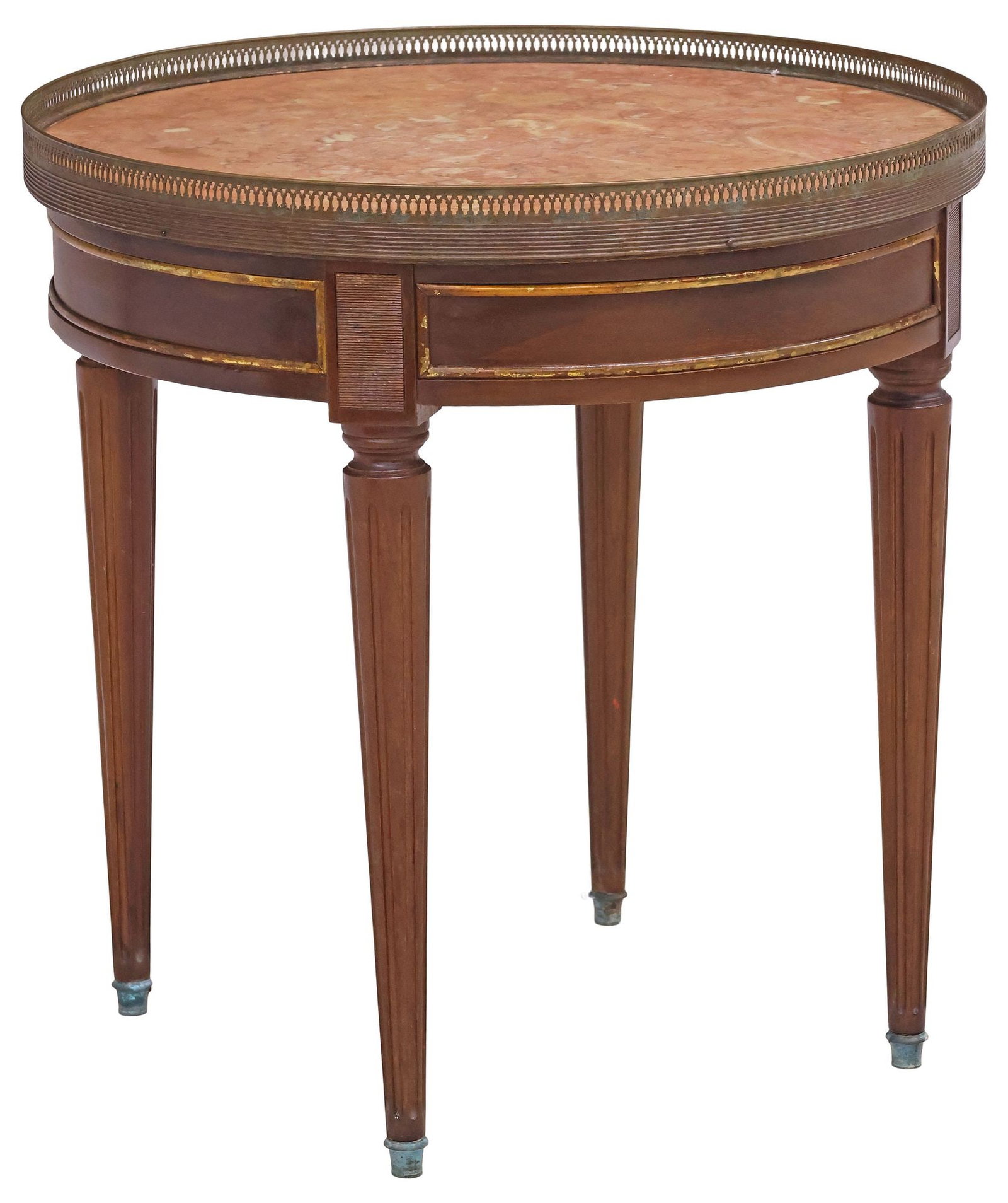 FRENCH LOUIS XVI STYLE MARBLE-TOP MAHOGANY SIDE TABLE: French Louis XVI style mahogany side table, 19th c., having inset marble top with pierced gilt-metal gallery, above paneled apron with gilt-metal trim, rising on tapering fluted legs, ending on