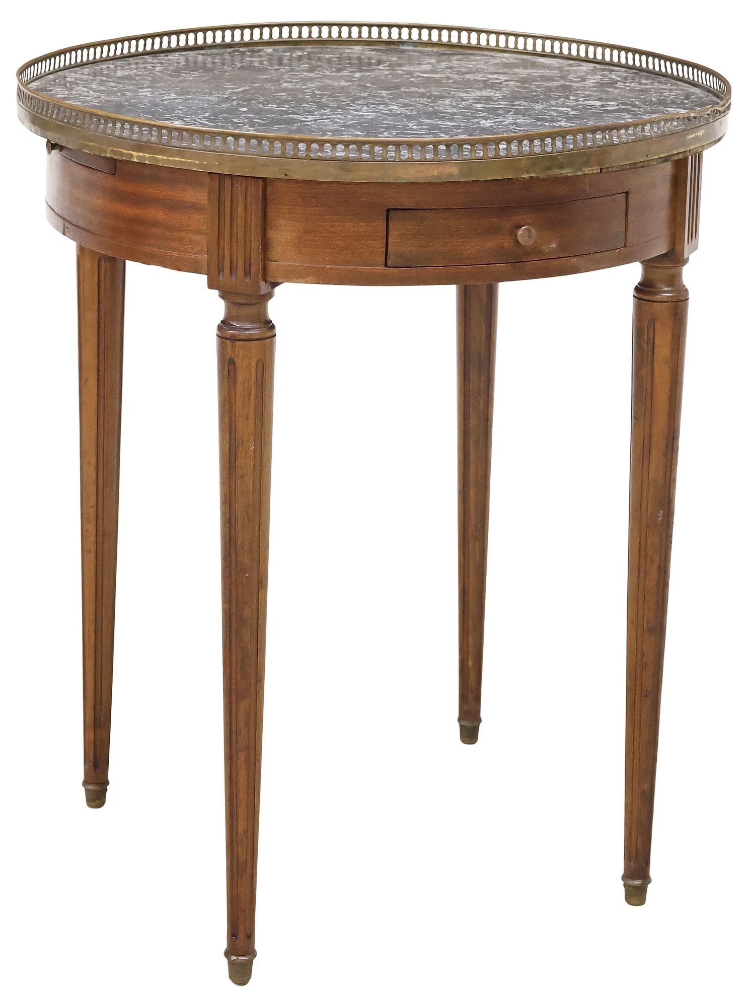 FRENCH LOUIS XVI STYLE MARBLE-INSET MAHOGANY BOUILLOTTE TABLE: French Louis XVI style mahogany bouillotte table, 20th c., circular inset marble top, encircled by pierced patinated metal gallery, apron fitted with two drawers, and two pull-out inset slides, on