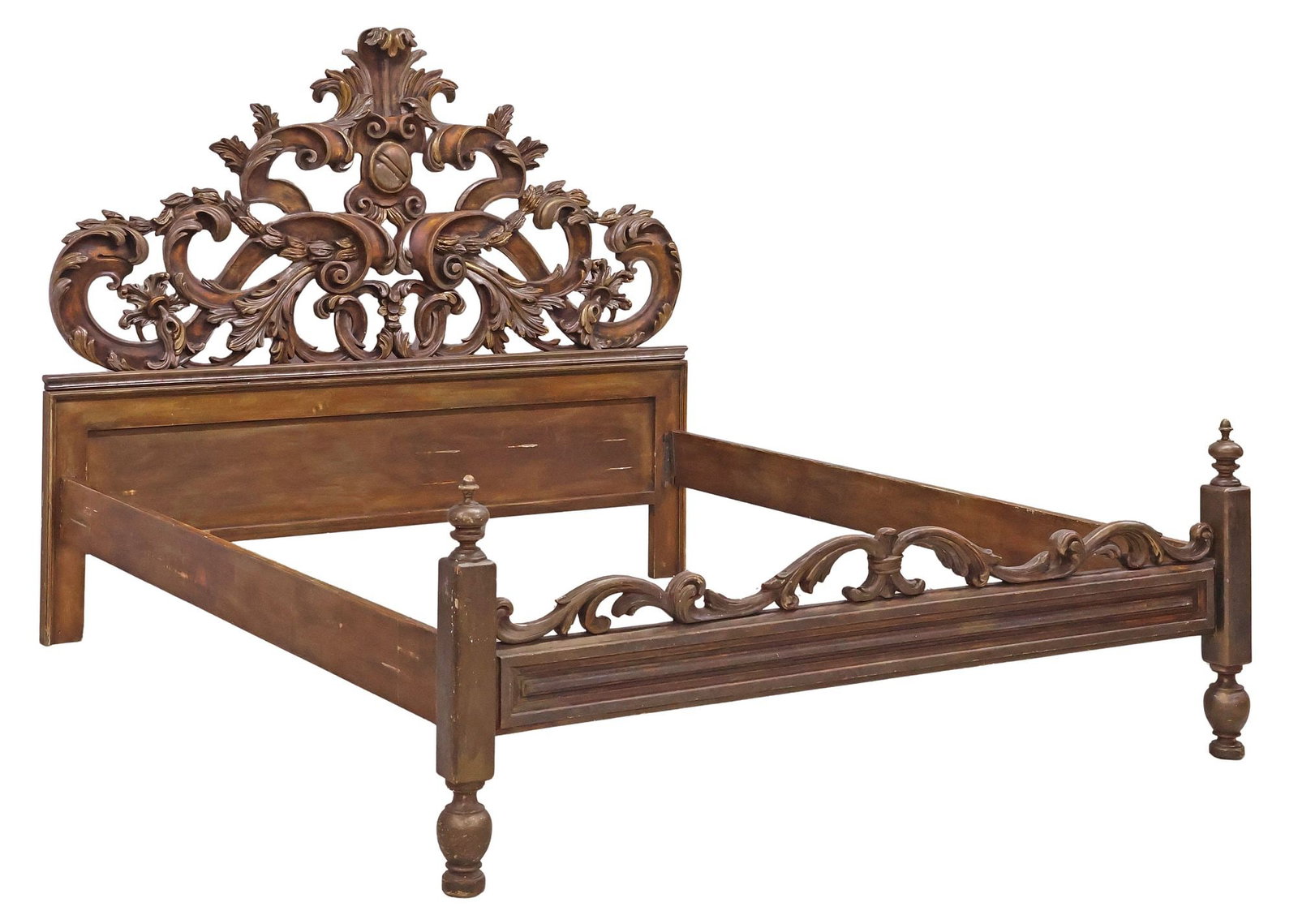 ITALIAN BAROQUE STYLE SILVER GILT-PAINTED BED: Italian Baroque style silver gilt-painted bed, early 20th c., openwork crest with scrolling foliates and central shield motif, paneled footboard flanked by turned finials, on baluster-form feet,