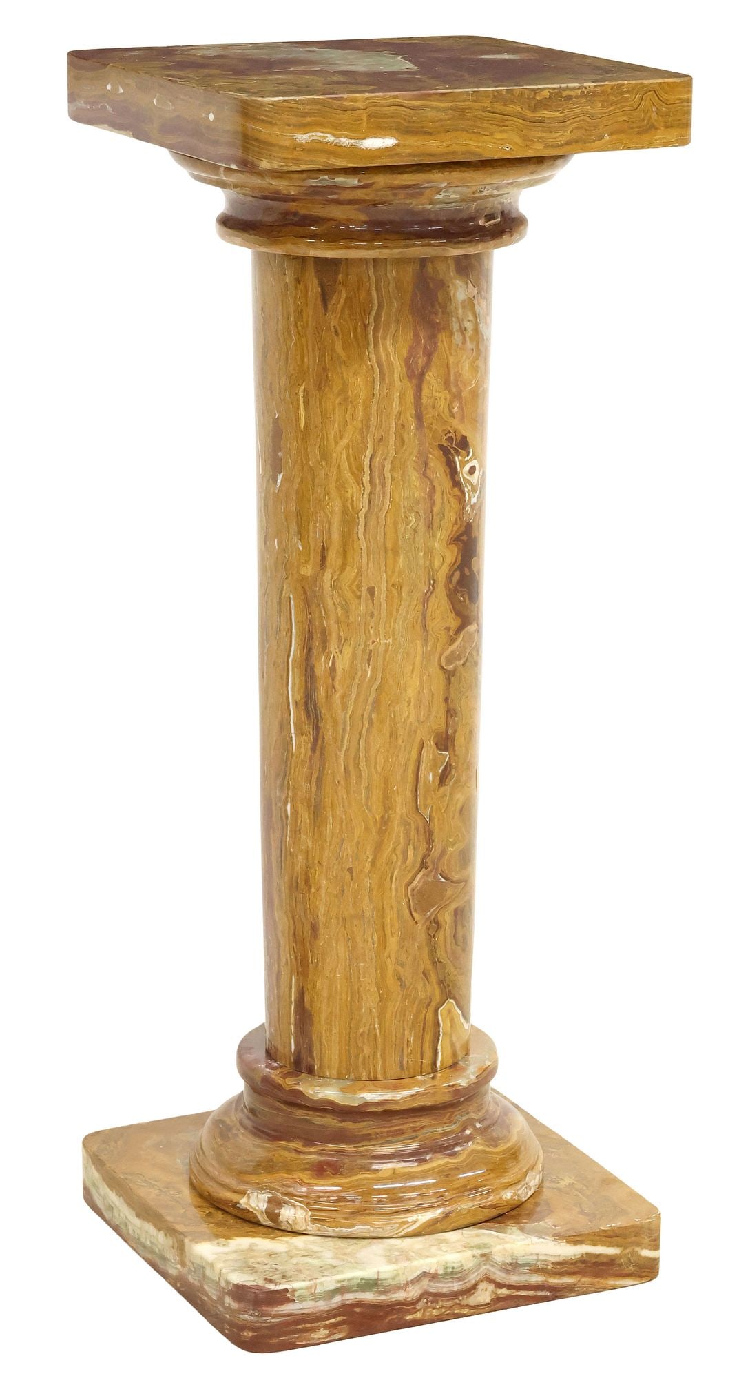 VARIEGATED ONYX DISPLAY PEDESTAL / PLANT STAND: Variegated onyx display pedestal/ plant stand, 20th c., having square top, over cylindrical column, rising on square base, approx 36"h, 14"w, 14"d