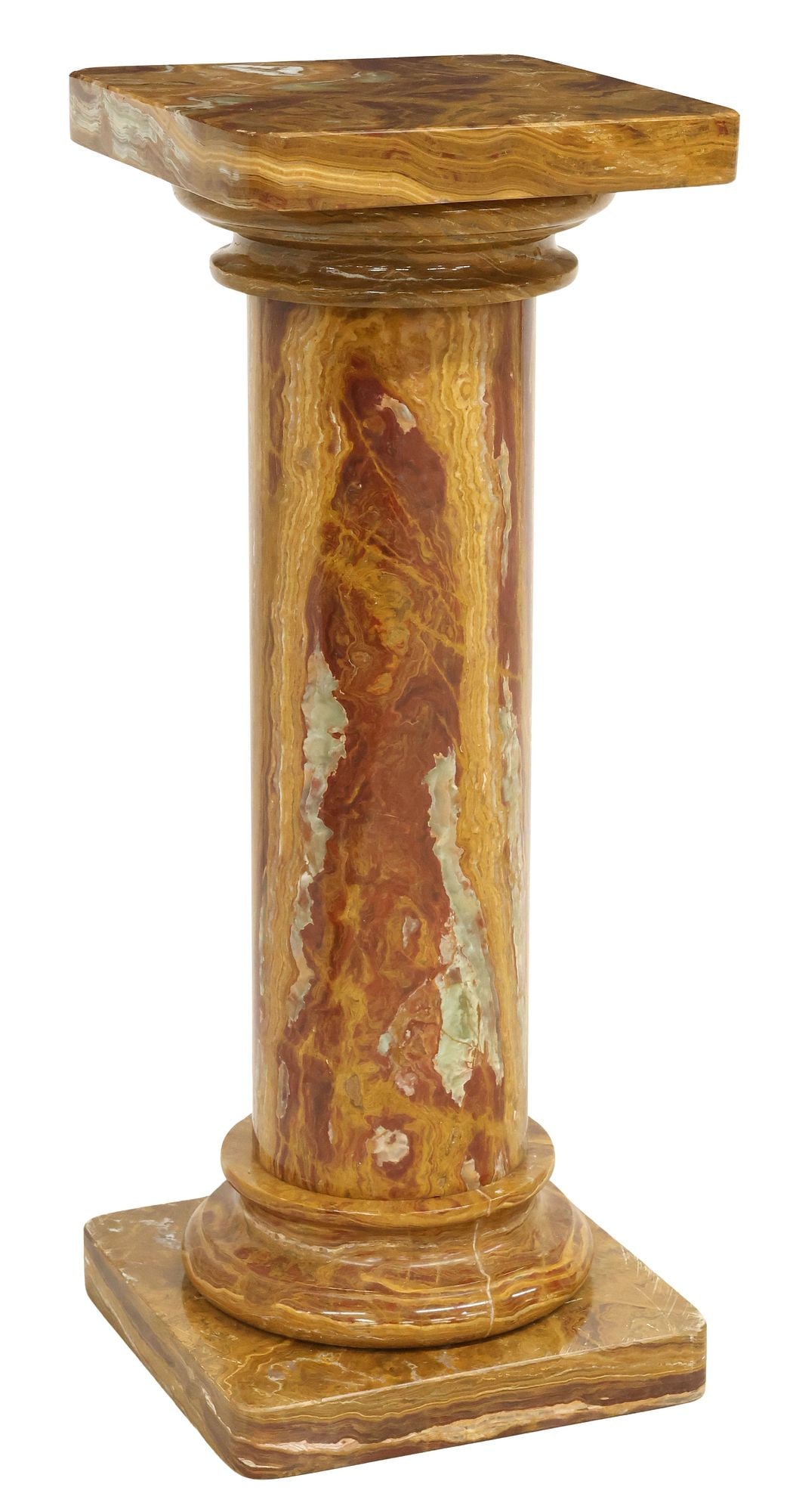 VARIEGATED ONYX DISPLAY PEDESTAL / PLANT STAND: Variegated onyx display pedestal/ plant stand, 20th c., having square top, over cylindrical column, rising on square base, approx 36"h, 14.5"w, 14.5"d