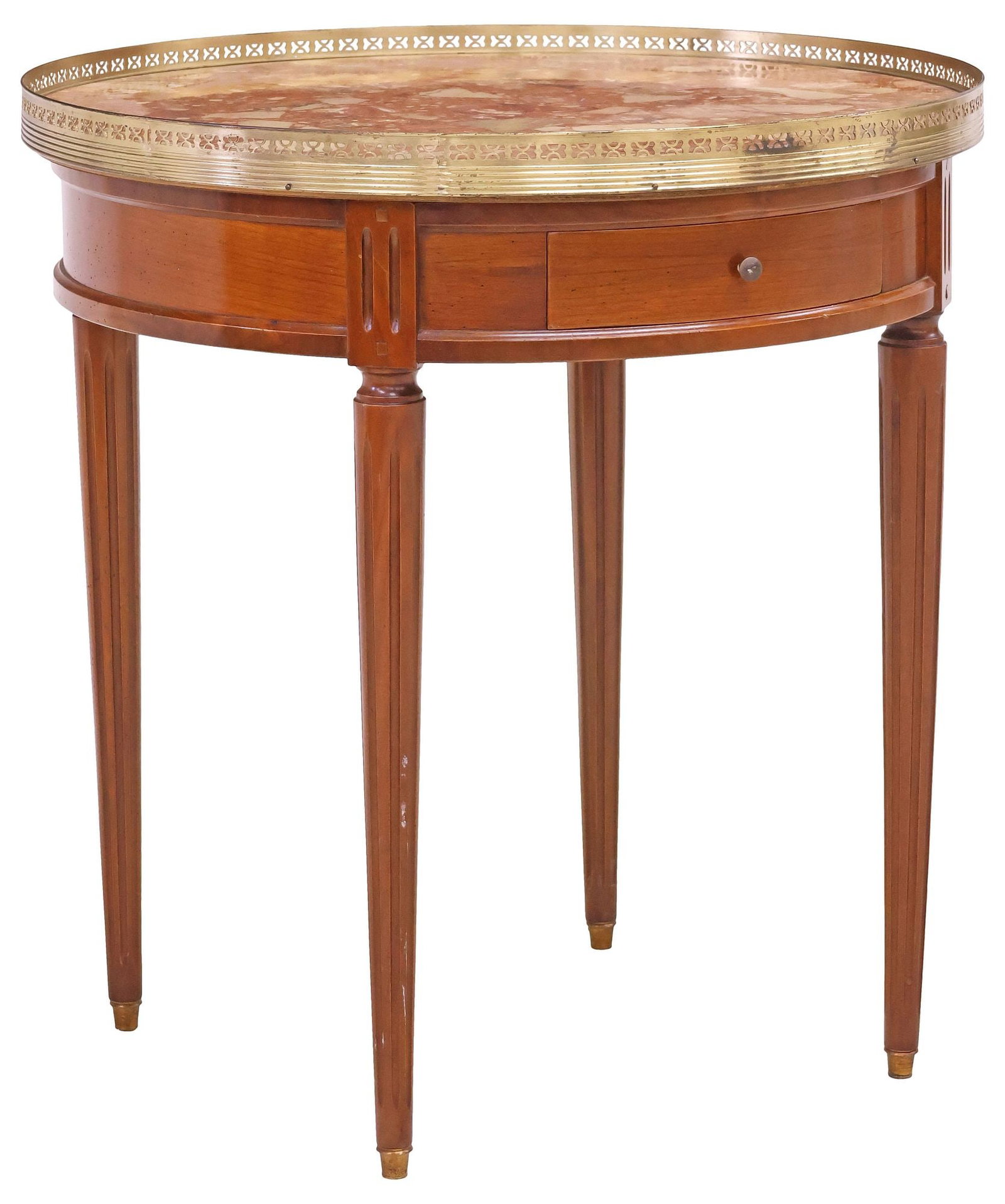 FRENCH LOUIS XVI STYLE MARBLE-TOP MAHOGANY SIDE TABLE: French Louis XVI style mahogany bouillotte-style side table, 20th c., having inset marble top with pierced gilt-metal gallery, over single drawer, rising on tapering fluted legs, ending on brass-cap f