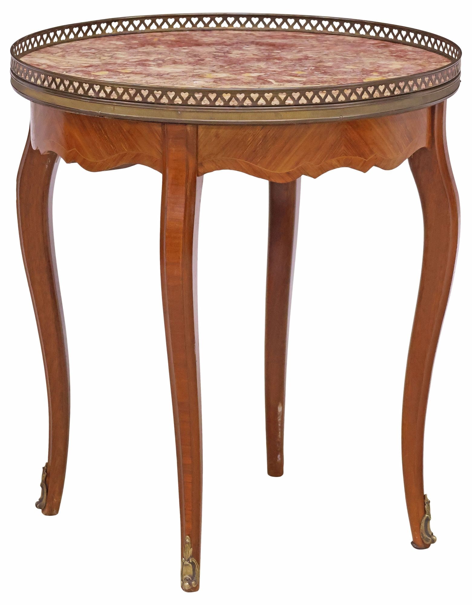 FRENCH LOUIS XVI STYLE MATCHED VENEER SIDE TABLE: French Louis XV style matched-veneer side table, 19th c., having inset marble top with pierced gilt-metal gallery, rising on tapering cabriole legs, ending on sabots, approx 22"h, 19 5/8"diam