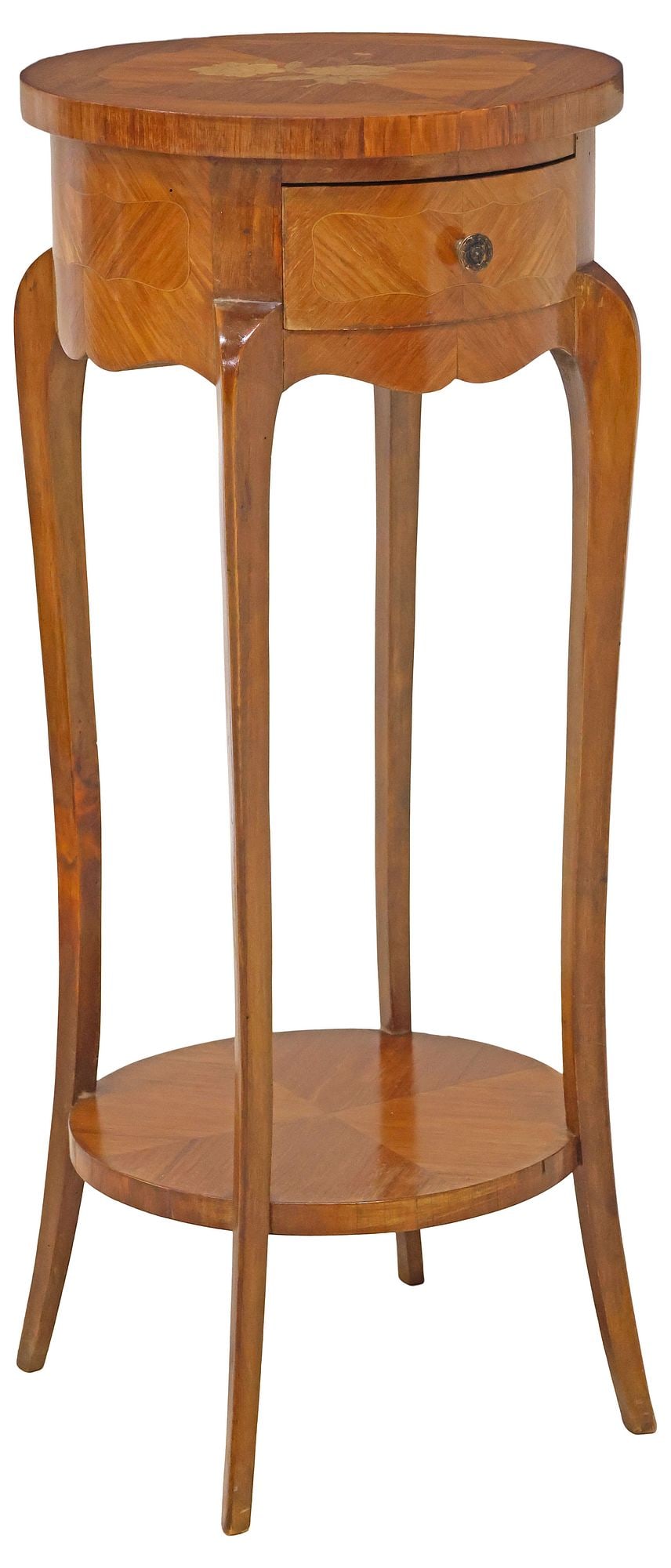 FRENCH LOUIS XV STYLE MATCHED-VENEER MARQUETRY SIDE TABLE: French Louis XV style matched-veneer side table, early 20th c., having round top with floral and foliate marquetry, over single drawer and medial shelf, on cabriole legs, approx 29"h, 9.75"w, 9.75"d