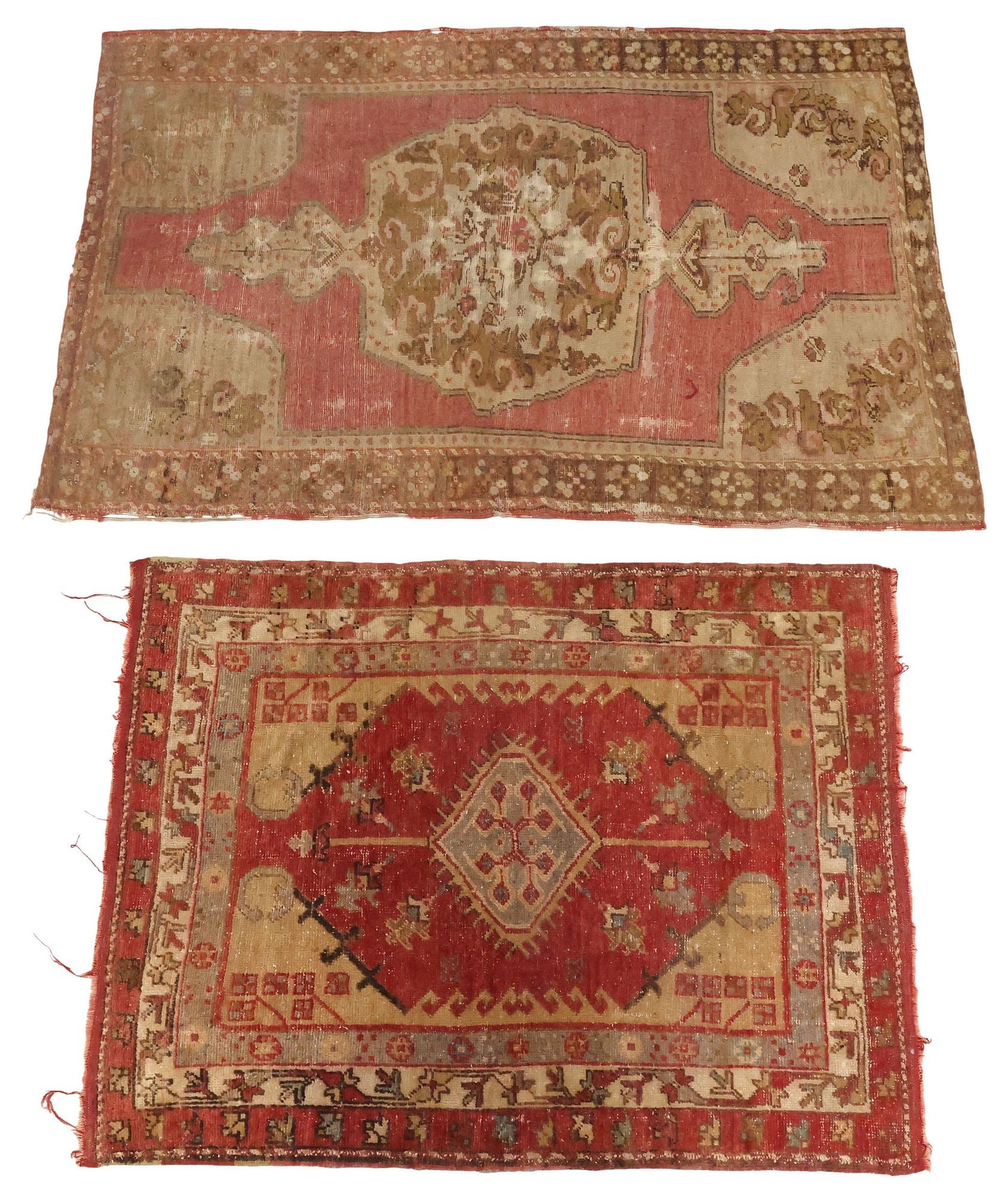 (2) ESTATE HAND-TIED TURKISH OUSHAK RUGS, 4'6.5"H, 3'5.25"W & 5'9"H, 3'7.5"W: (2) Estate hand-tied Oushak rug, (1) approx 5'9"h, 3'7.5"w; (1) approx 4'6.5"h, 3'5.25"w**Please Note: All of the rugs offered in this auction would likely benefit from a professional cleaning. Estate