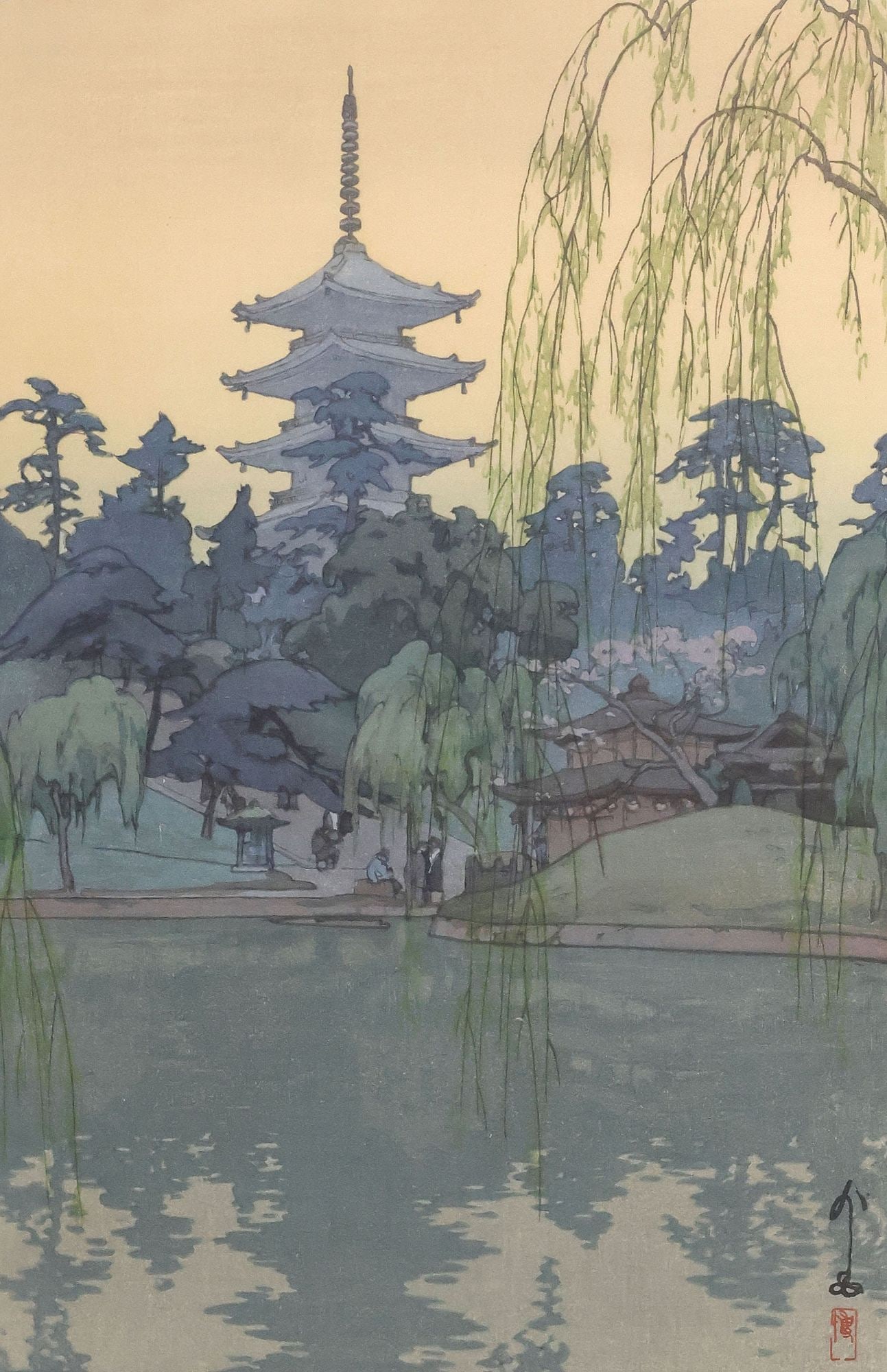 HIROSHI YOSHIDA (1876-1950) JAPANESE WOODBLOCK, 'SARUSAWA POND': Framed shin-hanga woodblock print on paper, "Sarusawa Pond (Sarusawa ike)," Hiroshi Yoshida (Japanese, 1876-1950), Romanized pencil signature with red seal lower right, titled, light toning to sheet, 