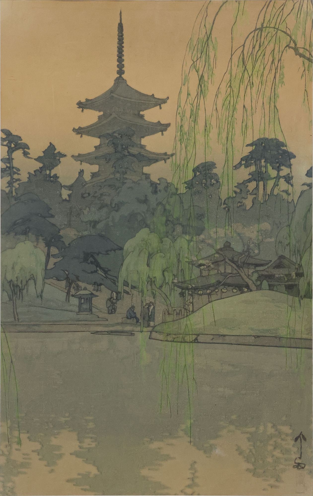 HIROSHI YOSHIDA (1876-1950) JAPANESE WOODBLOCK, 'SARUSAWA POND': Framed shin-hanga woodblock print on paper, "Sarusawa Pond (Sarusawa ike)," Hiroshi Yoshida (Japanese, 1876-1950), Romanized pencil signature and title concealed by matting at lower margin, red seal l