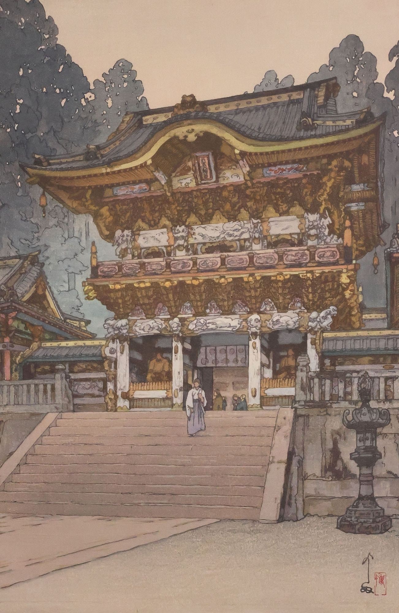 HIROSHI YOSHIDA (1876-1950) JAPANESE WOODBLOCK, 'YOMEI GATE AT NIKKO': Framed shin-hanga woodblock print on paper, "Yomei Gate (Yomei-mon)," Hiroshi Yoshida (Japanese, 1876-1950), Romanized pencil signature with red seal lower right, titled, light toning to sheet, sight: