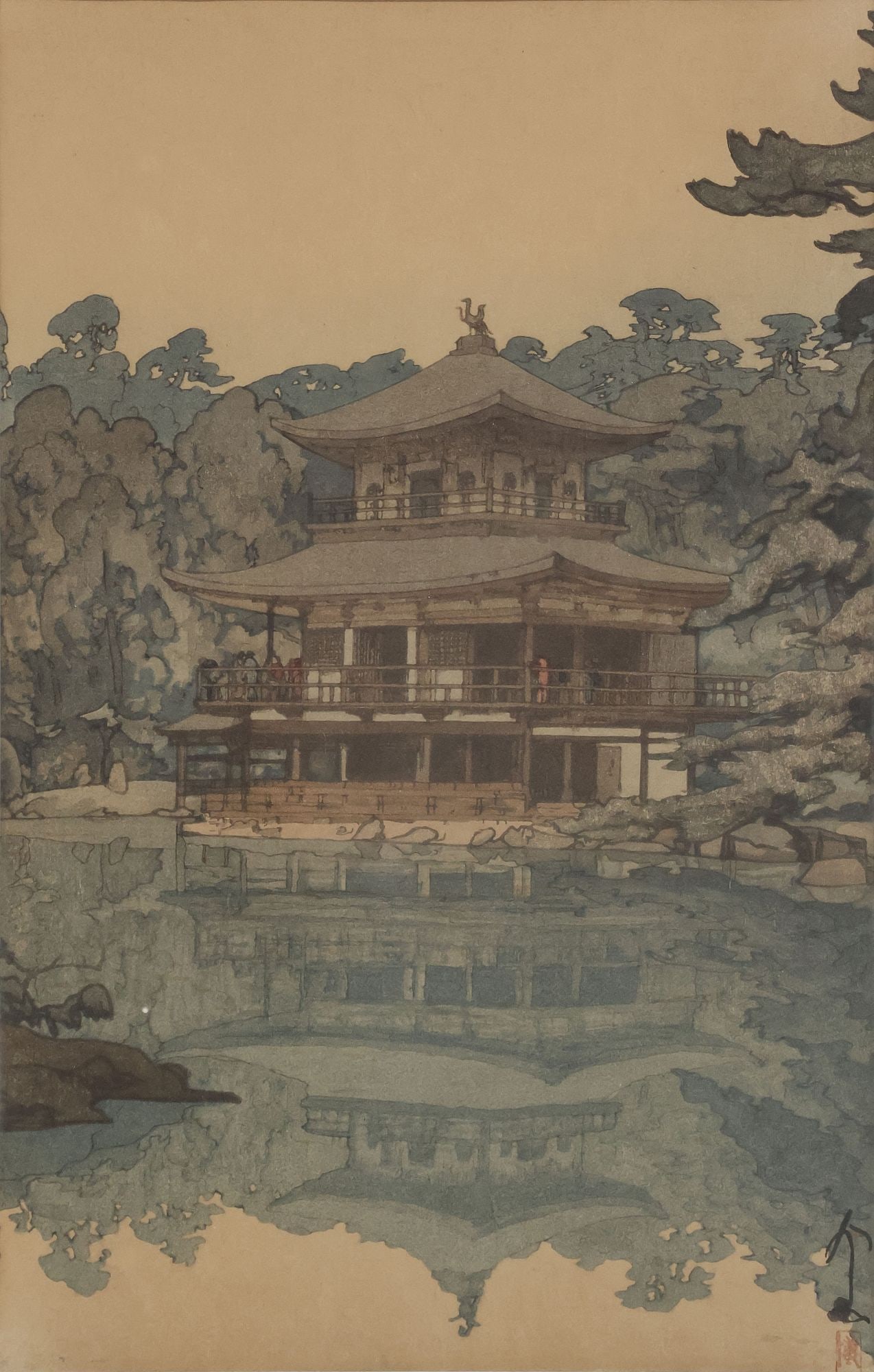 HIROSHI YOSHIDA (1876-1950) JAPANESE WOODBLOCK, KINKAKUJI TEMPLE: Framed shin-hanga woodblock print on paper, "The Golden Pavilion (Kinkakuji)," Hiroshi Yoshida (Japanese, 1876-1950), Romanized pencil signature and title concealed by matting at lower margin, red sea