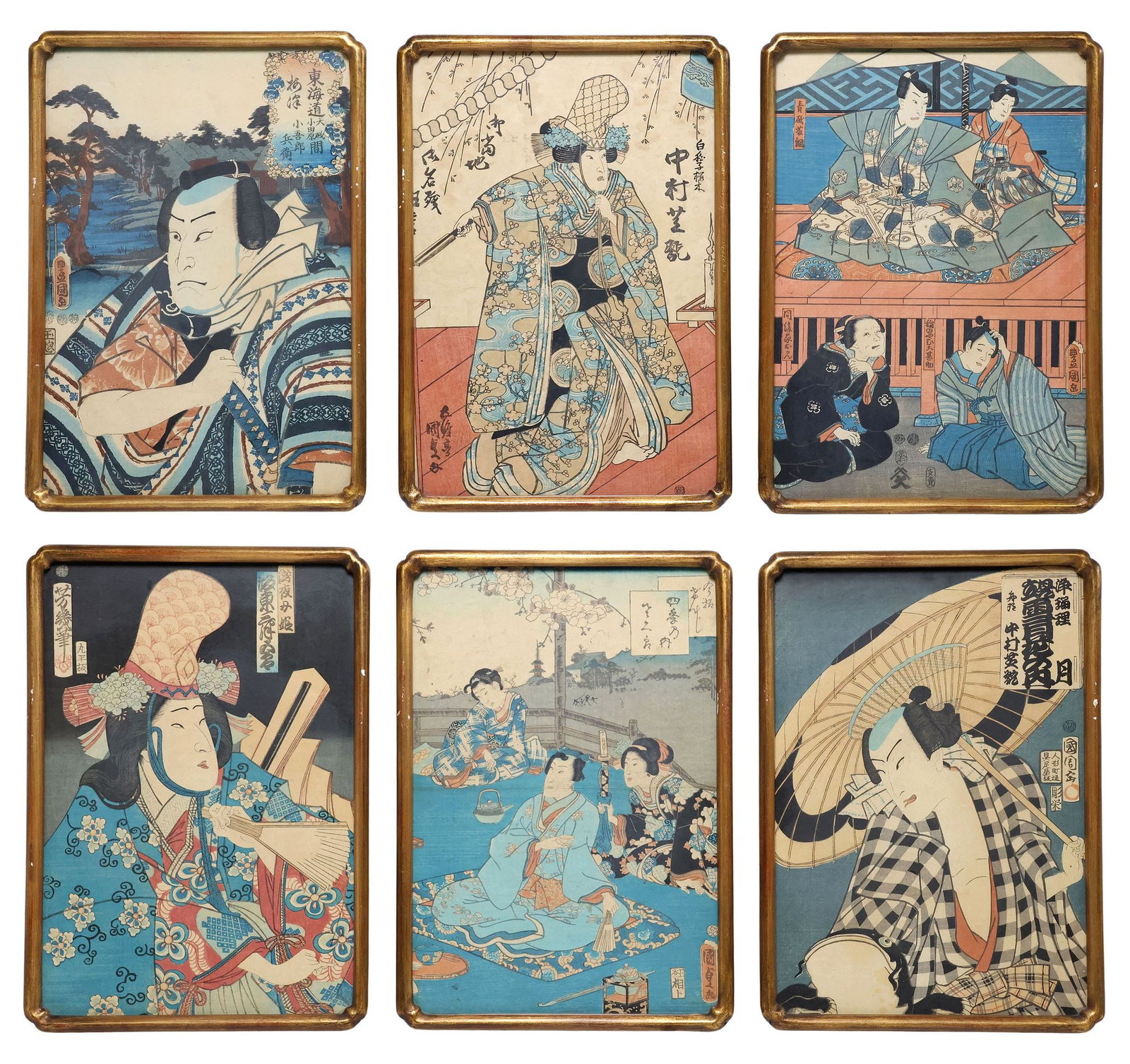 (6) UTAGAWA KUNISADA (D.1864) & TOYOHARA CHIKANOBU (D.1912) WOODBLOCK PRINTS: (lot of 6) Japanese woodblock prints on paper, various artists and figural depictions, including: (2) Toyohara Kunichika (Japanese, 1835-1900) kabuki actor portraits of a man and woman from the "Jorur