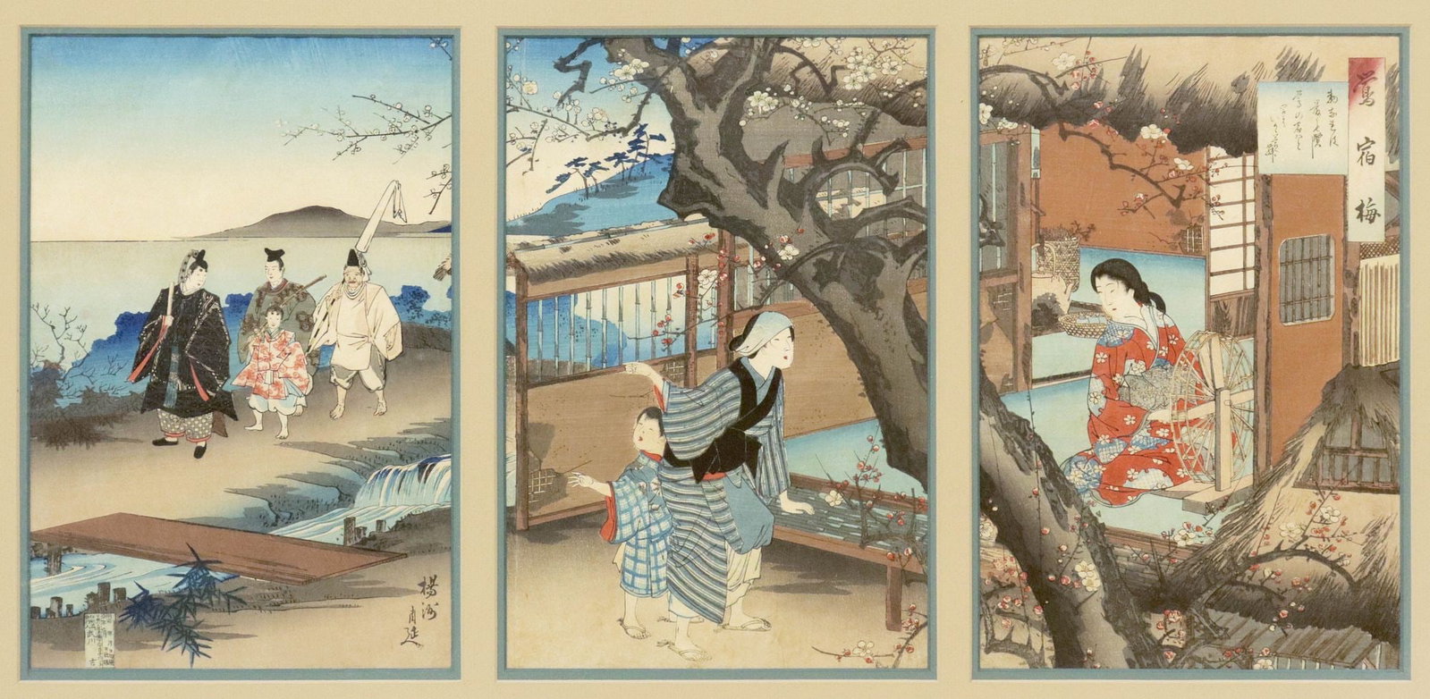 TOYOHARA CHIKANOBU (1838-1912) WOODBLOCK PRINT, PLUM TREE: Framed woodblock triptych on paper, "The Plum Tree, Oshuku (Oshuku-bai)," Toyohara Chikanobu (Japanese, 1838-1912), depicting the fable of the plum tree in the garden of poet Ki no Tsurayuki with his 