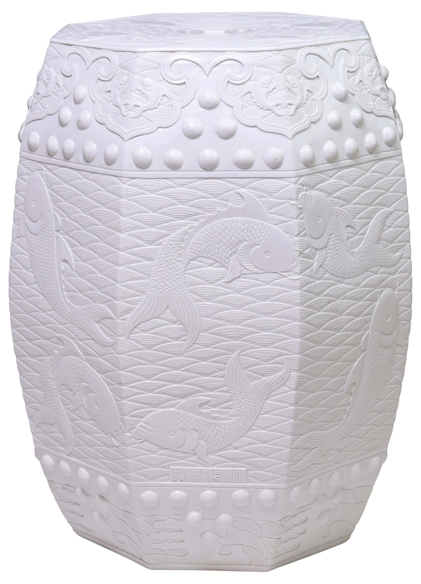 CHINESE WANG BINGRONG STYLE RELIEF-DECORATED WHITE GARDEN STOOL: Chinese white ceramic garden stool, with relief decoration in the manner of Wang Bingrong (19th c.), octagonal body with pierced top and sides, depicting carp or koi fish, on textural ground modeled a