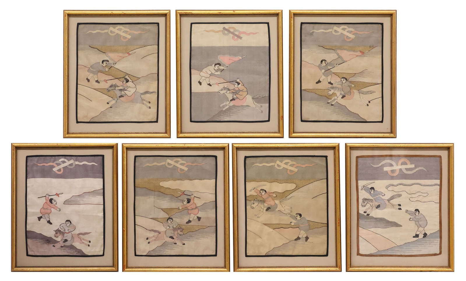 (7) FRAMED CHINESE KESI SILK TAPESTRY PANELS, WARRIORS ON HORSEBACK (1 of 6)