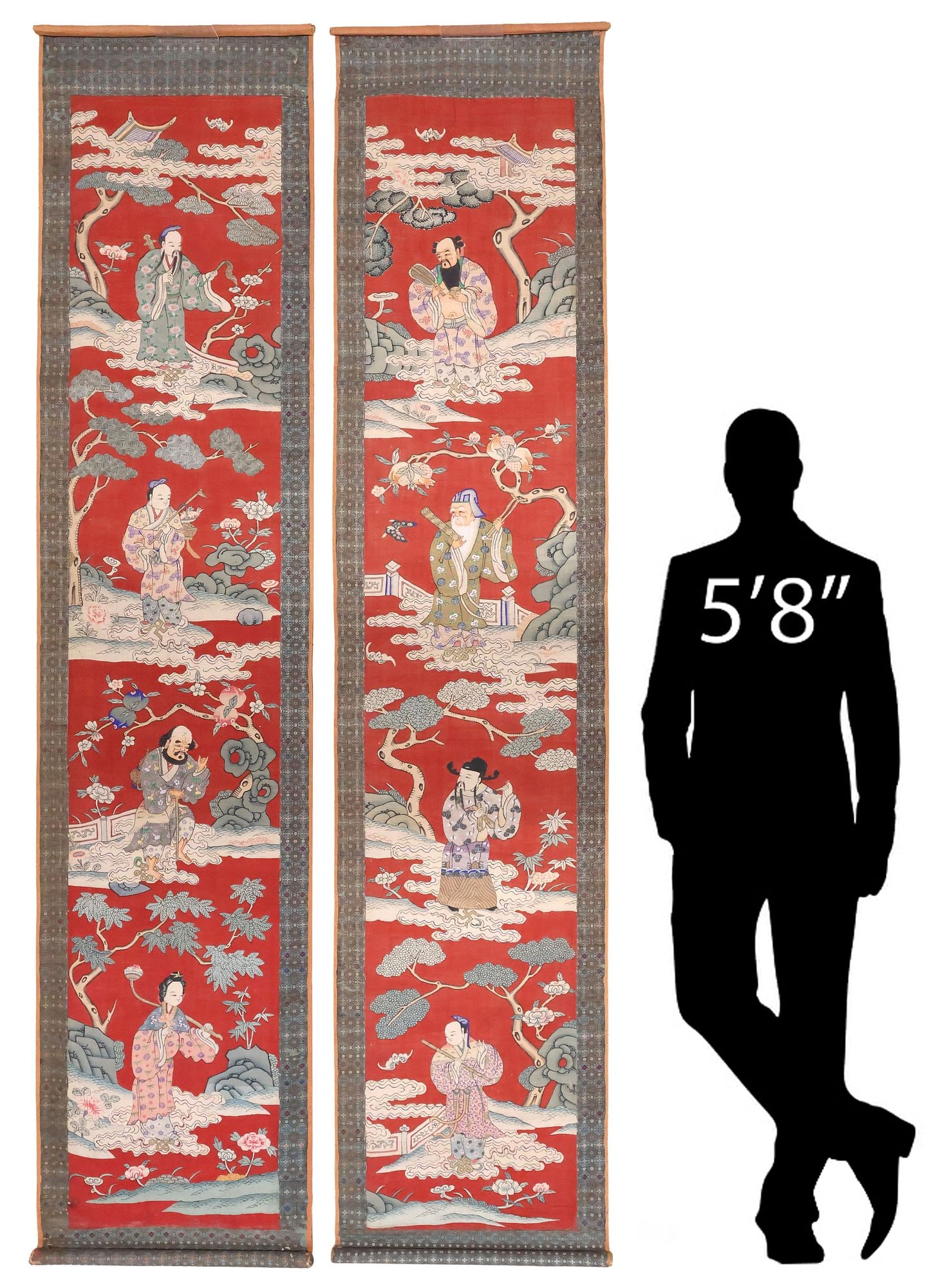 (2) CHINESE HANGING SCROLL PAINTINGS ON SILK, EIGHT IMMORTALS & SANXING DEITIES: (pair) Chinese scroll paintings on silk, each depicting four of the Shanxing and Daoist Eight Immortal (BaXian) deities, including Shoulao, Fu, Lu, He Xian Gu, Zhongli Quan, Han Xiang Zi, Lan Caihe, a