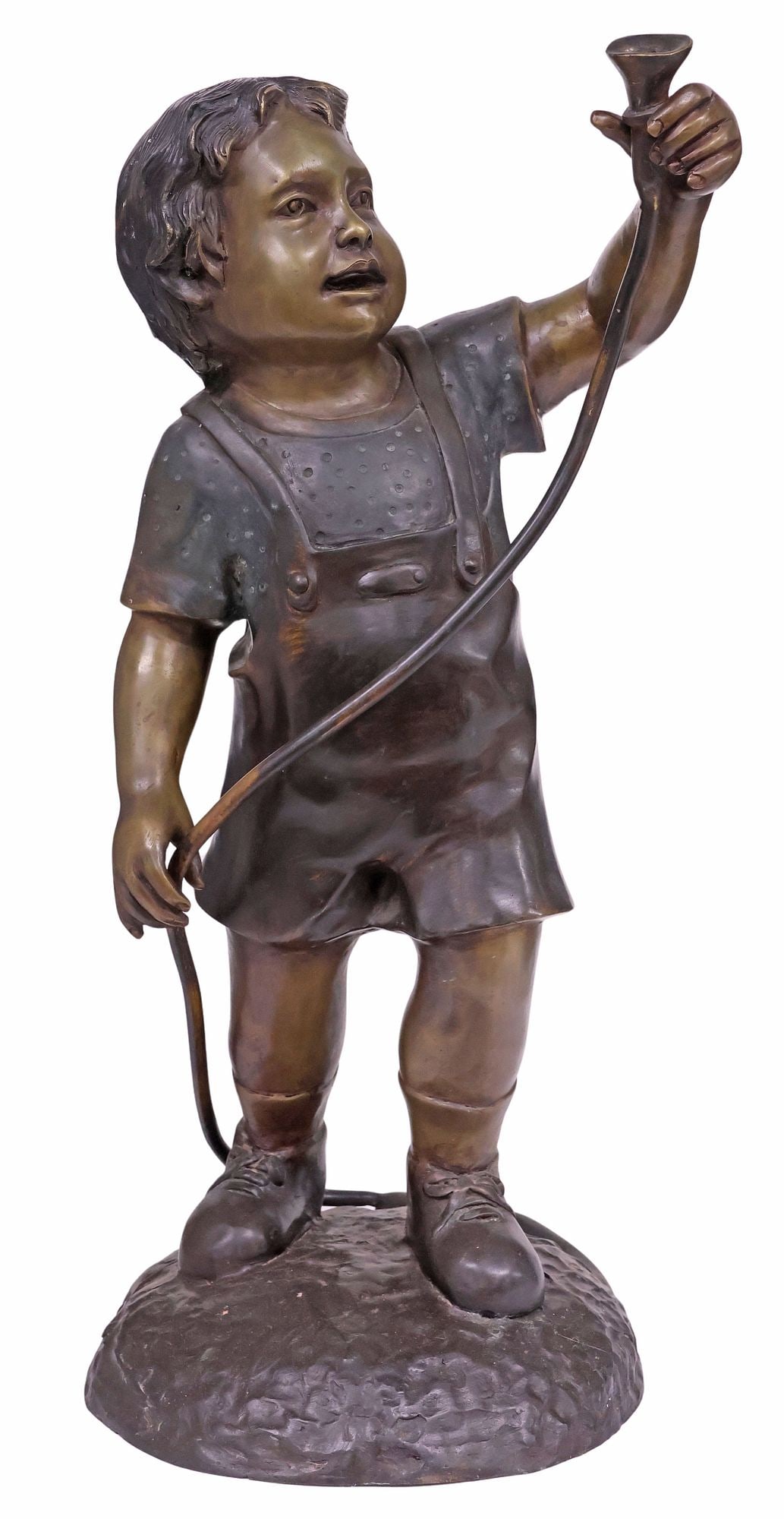 LARGE SIGNED PATINATED BRONZE GARDEN FOUNTAIN, BOY HOLDING HOSE, 22.75"H: Patinated bronze garden fountain, depicting a boy holding a garden hose, signed in cast J. Davidson, approx 27.75"h, 14.25"w, 12.5"d **PLEASE NOTE: All of the cast stone and garden pieces in this auct