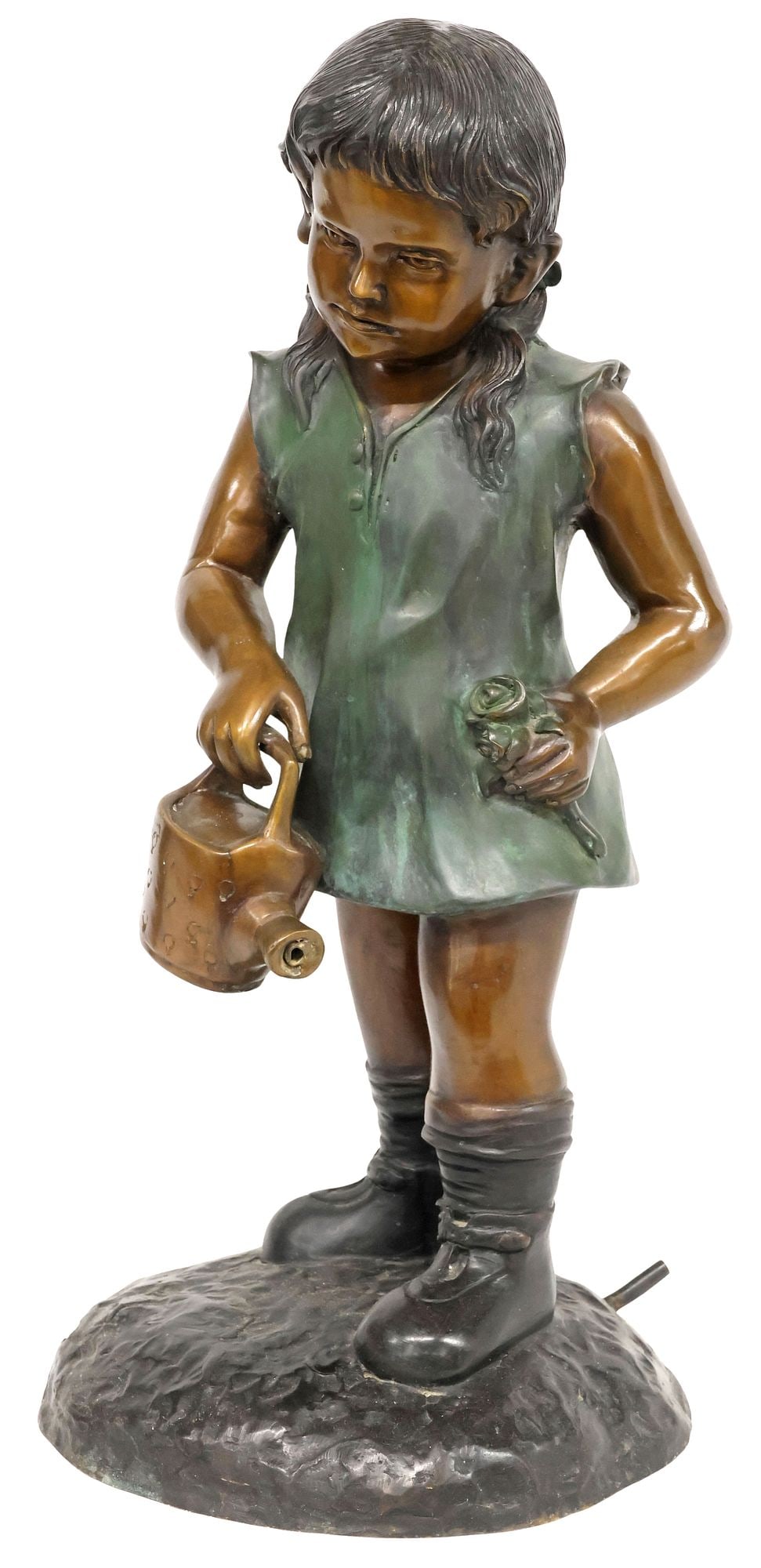 SIGNED VERDIGRIS BRONZE GARDEN FOUNTAIN, GIRL WITH WATERING CAN, 26.75"H: Verdigris patinated bronze garden fountain, depicting a girl holding flowers and a watering can, signed in cast J. Davidson, on a naturalistic base, approx 26.75"h, 12"w, 13.25"d **PLEASE NOTE: All of