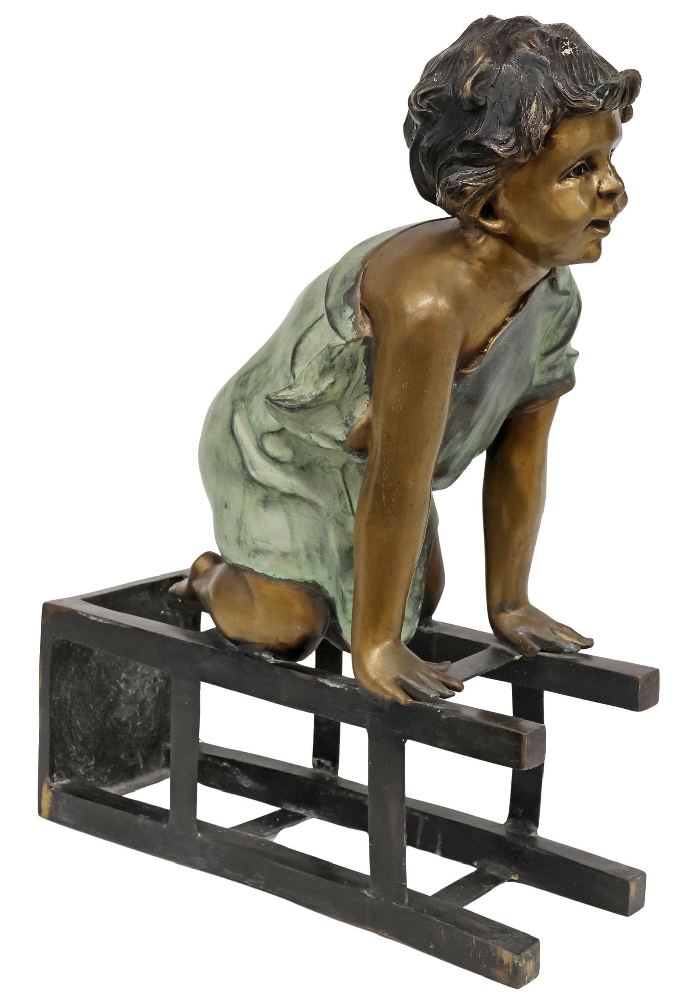 AFTER JUAN CLARA AYATS (D.1958) VERDIGRIS BRONZE GARDEN SCULPTURE, 27"H: Large verdigris patinated bronze garden sculpture, Child on Stool, after the original by Juan Clara Ayats (Spanish 1875-1958), approx 27"h, 18.75"w, 9.5"d **PLEASE NOTE: All of the cast stone and gard