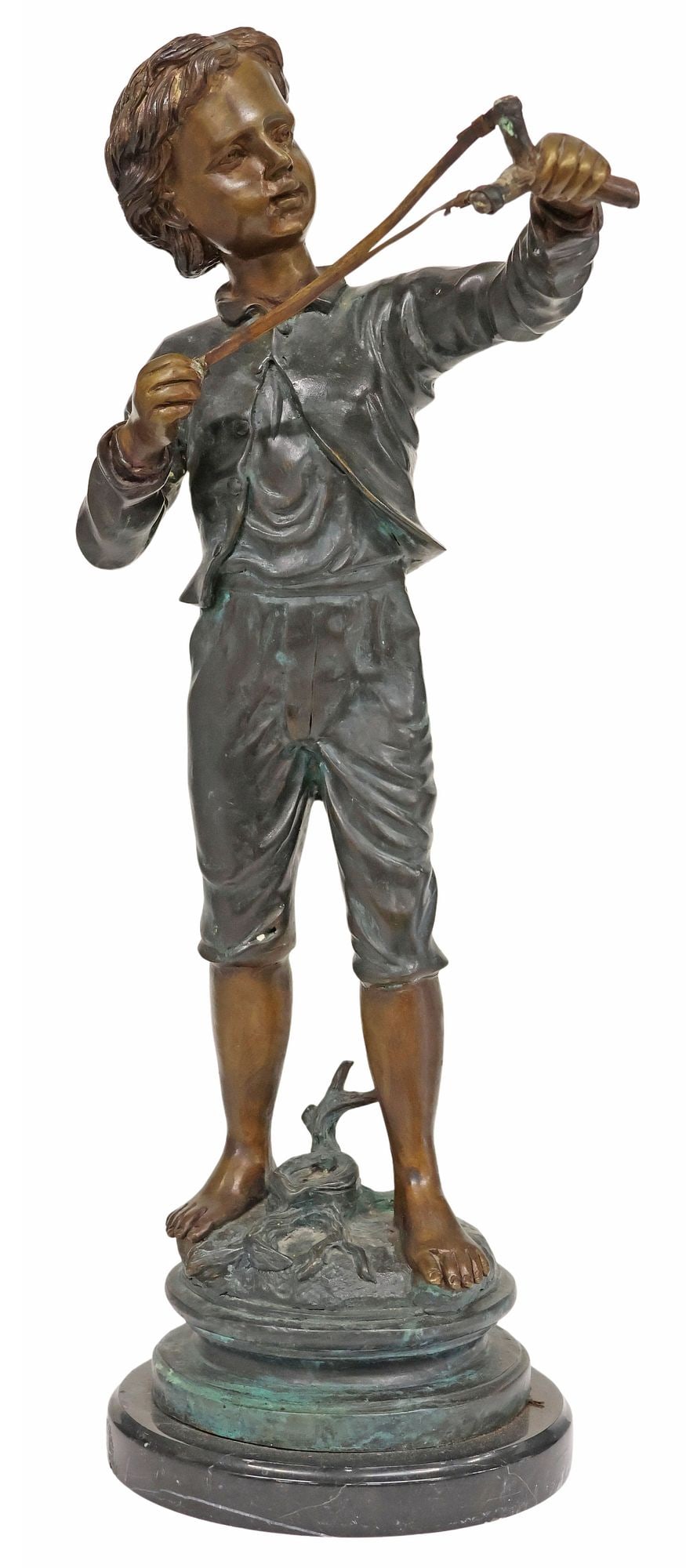 PATINATED BRONZE SCULPTURE, BOY WITH A SLINGSHOT ON MARBLE BASE: Patinated bronze sculpture, Boy with a Slingshot, in the manner of Charles Anfrie (French, 1833-1905), in a verdigris finish, apparently unsigned, rising on circular marble plinth, overall: approx 21.