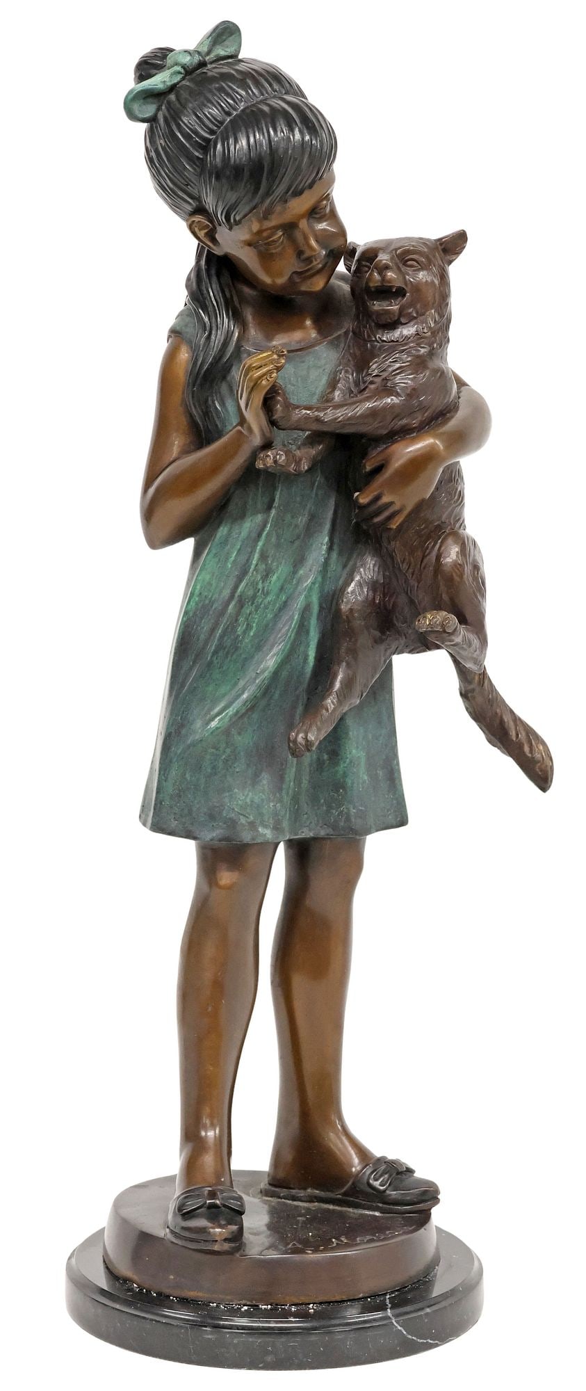 AFTER AUGUSTE MOREAU (D.1917) VERDIGRIS BRONZE SCULPTURE, GIRL WITH CAT: Verdigris patinated bronze sculpture, "Fille au Chat (Girl with Cat)," after the original by August Moreau (French, 1860-1910), signed in cast A. Moreau at base, on circular marble plinth, overall: ap