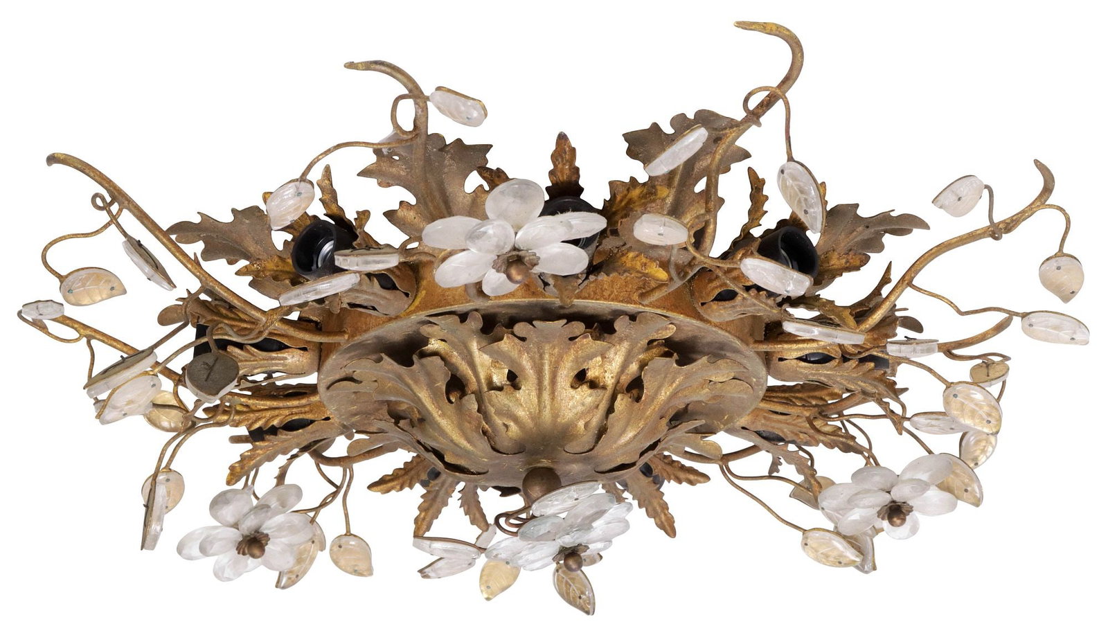 ITALIAN CRYSTAL & GILT-IRON FOLIATE 9-LIGHT CEILING PENDANT: Italian crystal and gilt-iron nine-light ceiling pendant, 20th c., having nine lights within a scrolling foliate frame, accented by crystal flowers and foliate motifs, in need of wiring, approx 22"dia