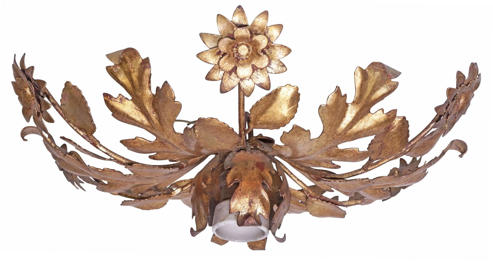 ITALIAN GILT-IRON FOLIATE 1-LIGHT CEILING PENDANT: Italian gilt-iron single-light ceiling light, 20th c., modeled as folding leaves and flowers, wrapping around a single light, in need of wiring, approx 4"h, 13.5"diam, 2lbs