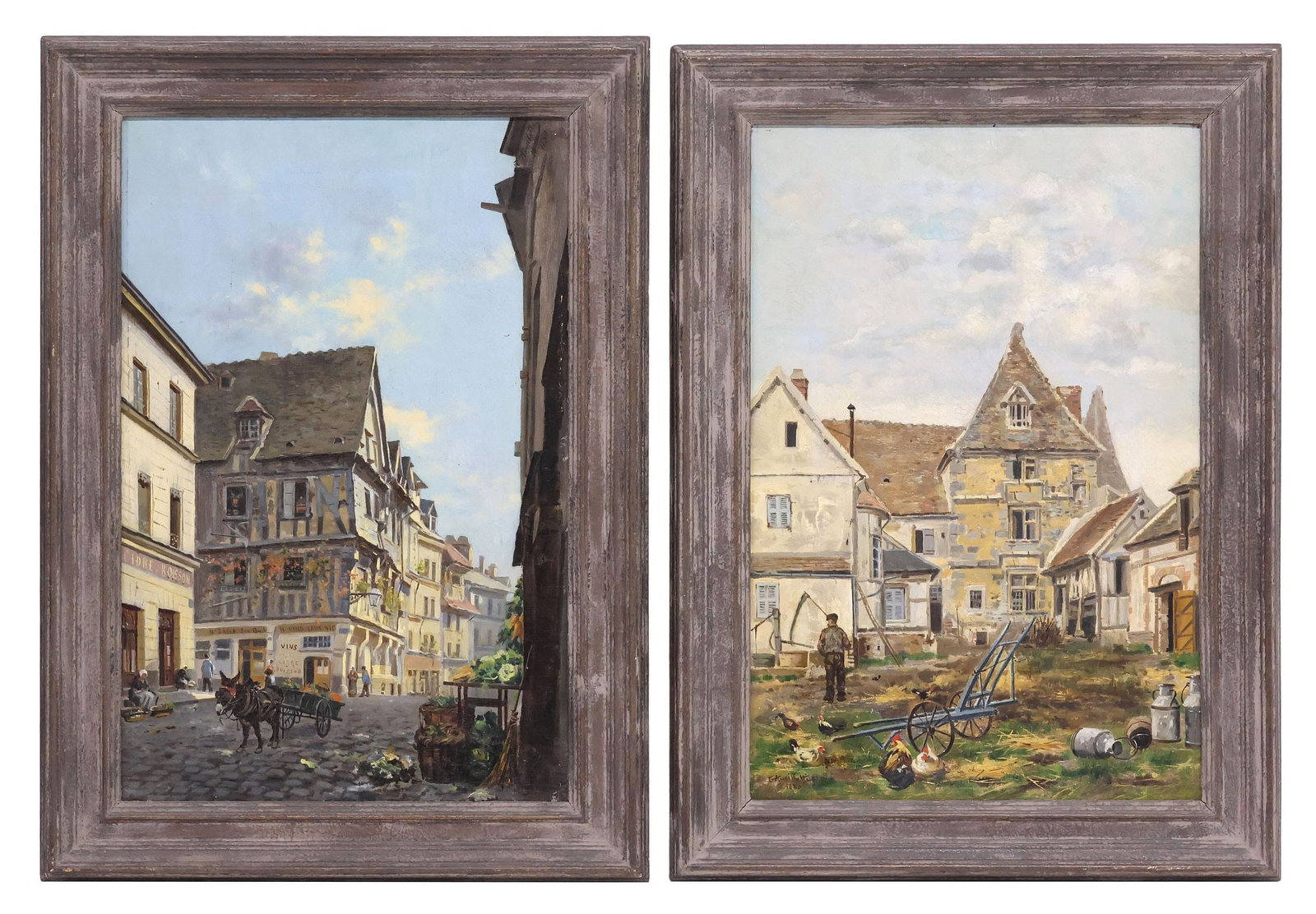 (2) SIGNED FRENCH SCHOOL (19TH C.) PAINTINGS, PROVINCIAL VILLAGE SCENES: (lot of 2) Framed oil on canvas paintings, signed G. Amillotti (French, 19th c.), including: (1) Farmhouse with Chickens, dated 1880, (1) Provincial Village with Mule Cart, pin hole in sky near upper 