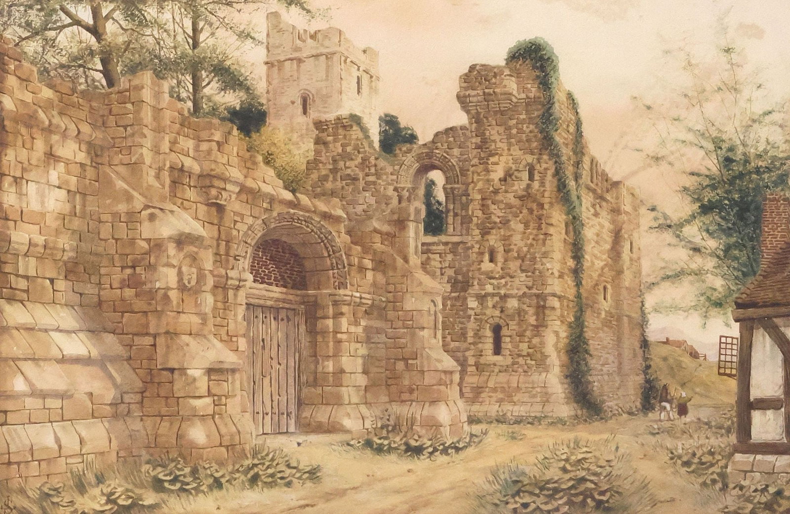 JAMES LAWSON STEWART (1841-1929) WATERCOLOR PAINTING, ARCHITECTURAL RUINS: Framed watercolor and gouache painting on paper, Rural Village Landscape with Architectural Ruins, initialed lower left JLS (James Lawson Stewart, British, 1841-1929), inscribed label with artist's at