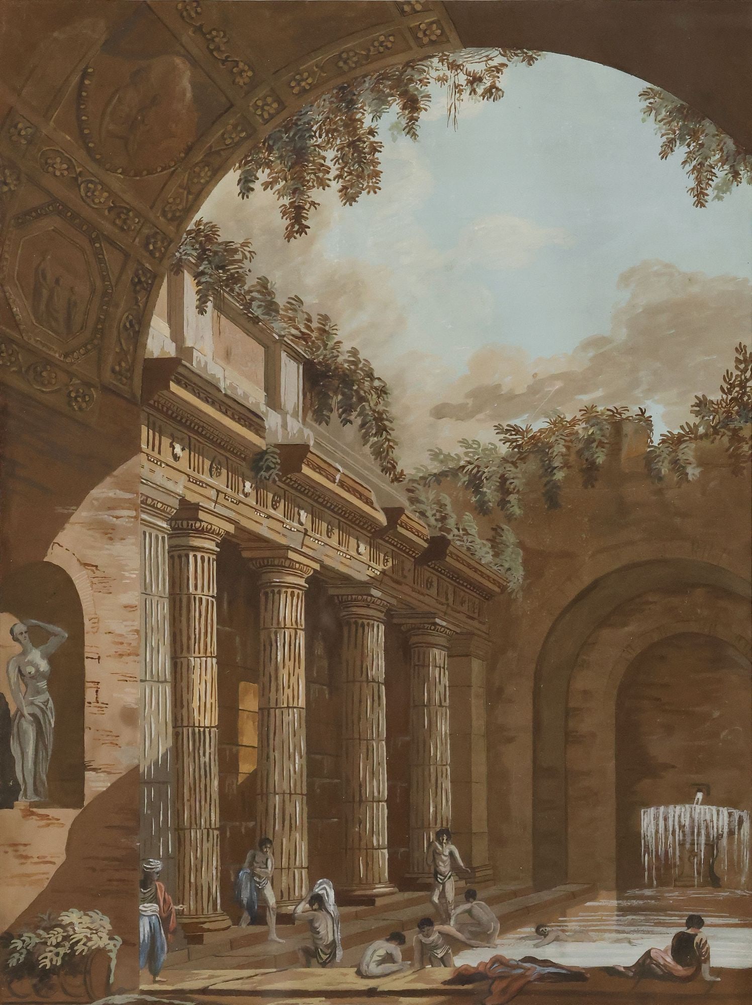 PETER ROTIER (1887-1963) WATERCOLOR PAINTING, FIGURAL CAPRICCIO SCENE: Framed watercolor painting on paper, Capriccio Scene with Italian Ruins, attributed to Peter Rotier (American, 1887-1963), apparently unsigned, retaining Public Works of Art Project, Federal Emergency