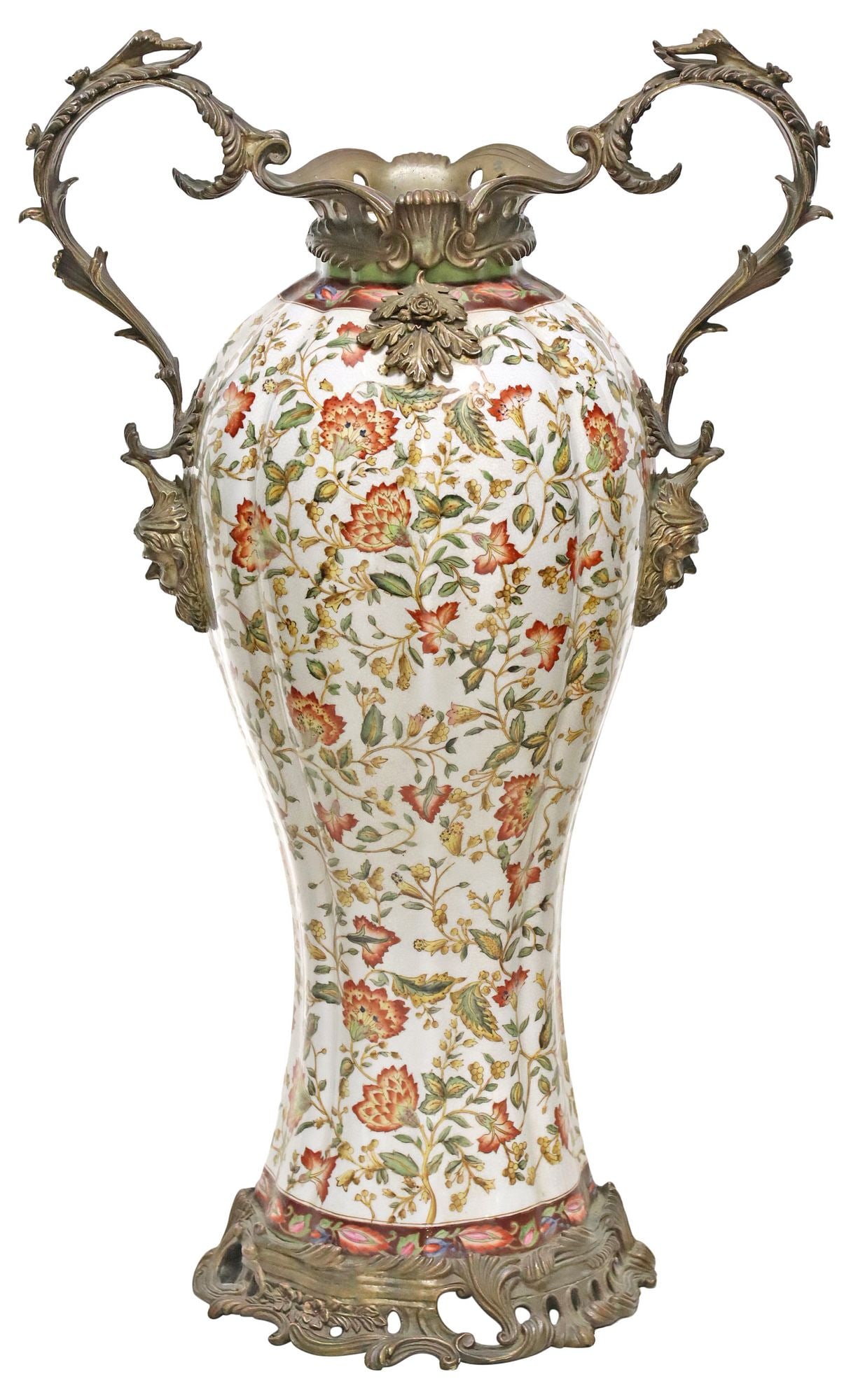 LARGE WONG LEE PORCELAIN & BRONZE FLORAL FLOOR VASE, 30"H: Large Chinese porcelain vase, Wong Lee, 20th c., having bronze floral scrollwork handles, polychrome foliates to body, ending on shaped base, makers mark underfoot, approx 30 7/8"h, 18"w, 11"d, 34.75l