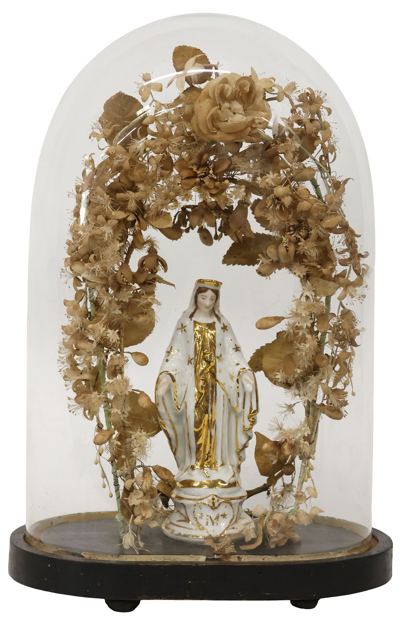 FRENCH GLOBE DE MARIEE / BRIDE'S GLOBE IN GLASS CLOCHE: French globe de mariee/ bride's globe, late 19th c., having glass cloche/ dome on ebonized base, enclosing parcel-gilt ceramic figure of the Virgin Mary, under faux flower arch, approx 15.5"h, 10"w, 6