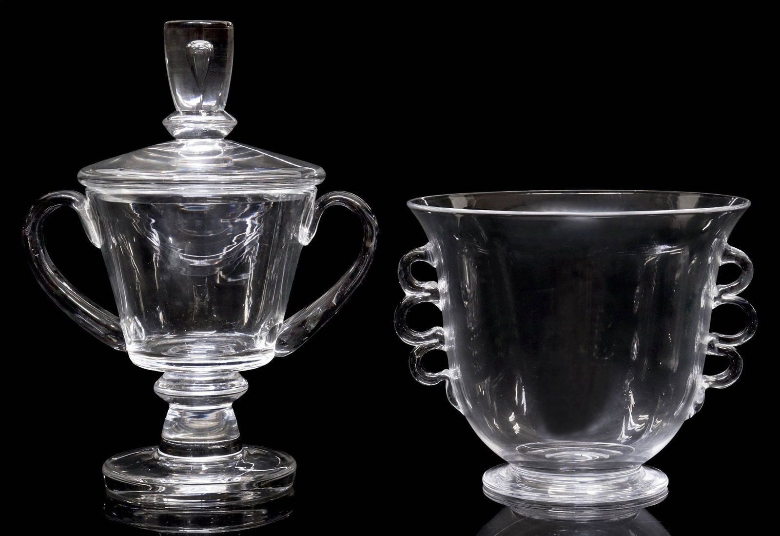 (2) STEUBEN ART CRYSTAL TABLE ITEMS, 1 DAVID HILL (D.2010) LIDDED VESSEL, #8019 (1 of 4)