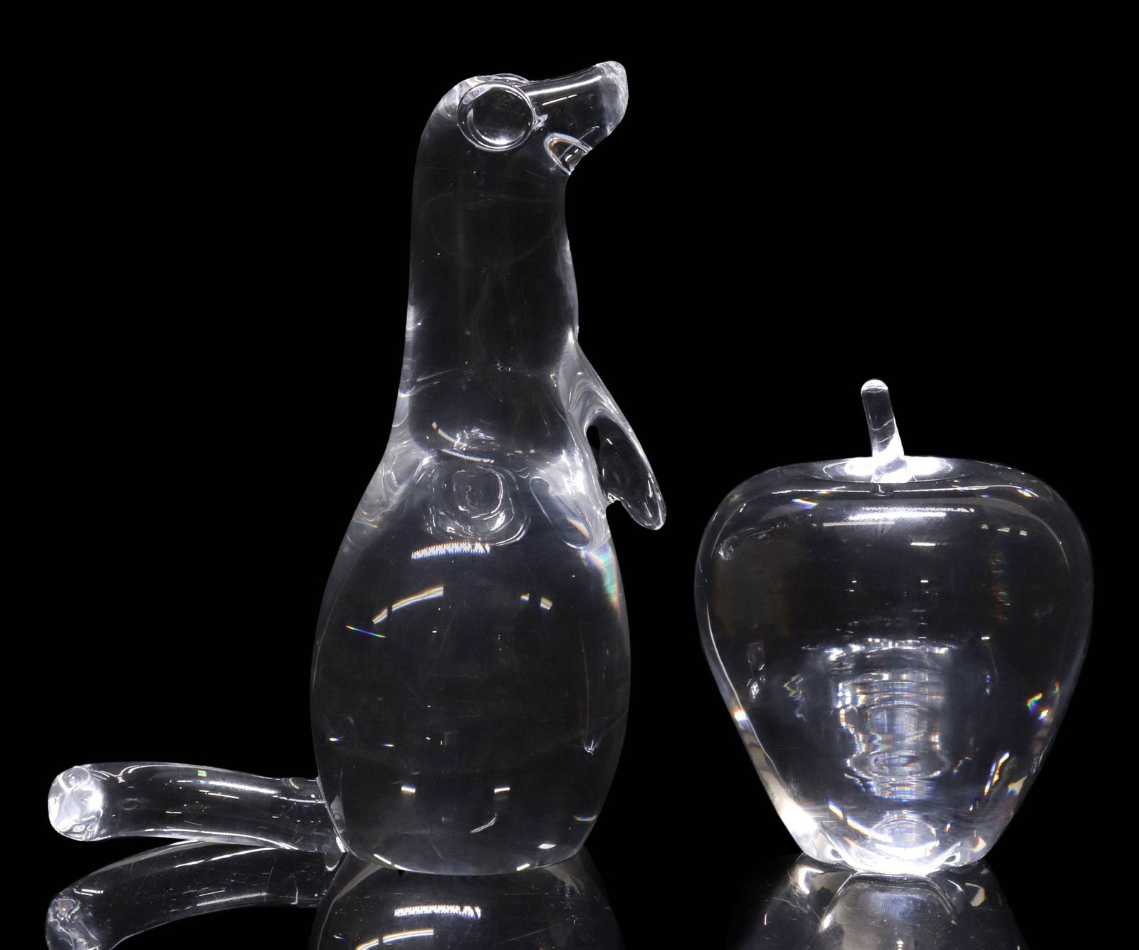 (2) STEUBEN COLORLESS ART GLASS FIGURES, MINK W/ DIAMOND-SET EYES & APPLE (1 of 5)