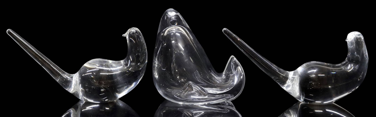 (3) STEUBEN COLORLESS ART GLASS FIGURES, WILD DOVES & SPRING CHICKEN: (lot of 3) Steuben colorless art glass figures, each with engraved maker's mark underfoot, including: (2) Wild Doves, approx 4 5/8"h, 3"w, 9"d; (1) Spring Chicken, approx 5.75"h, 6"w, 5"d; 8lbs total
